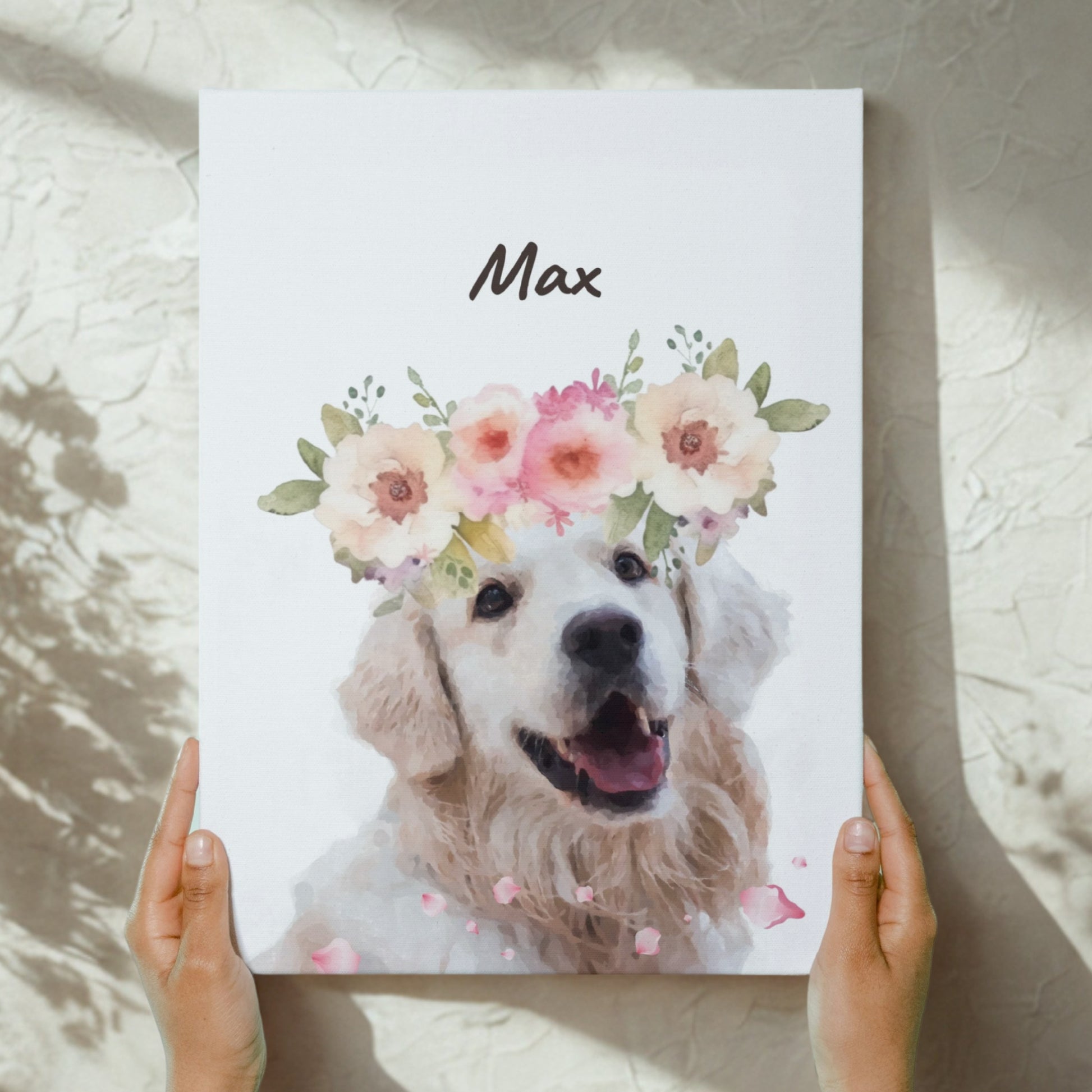 Watercolor portrait of a Dog named Max wearing a flower crown, with her name above in cursive.
