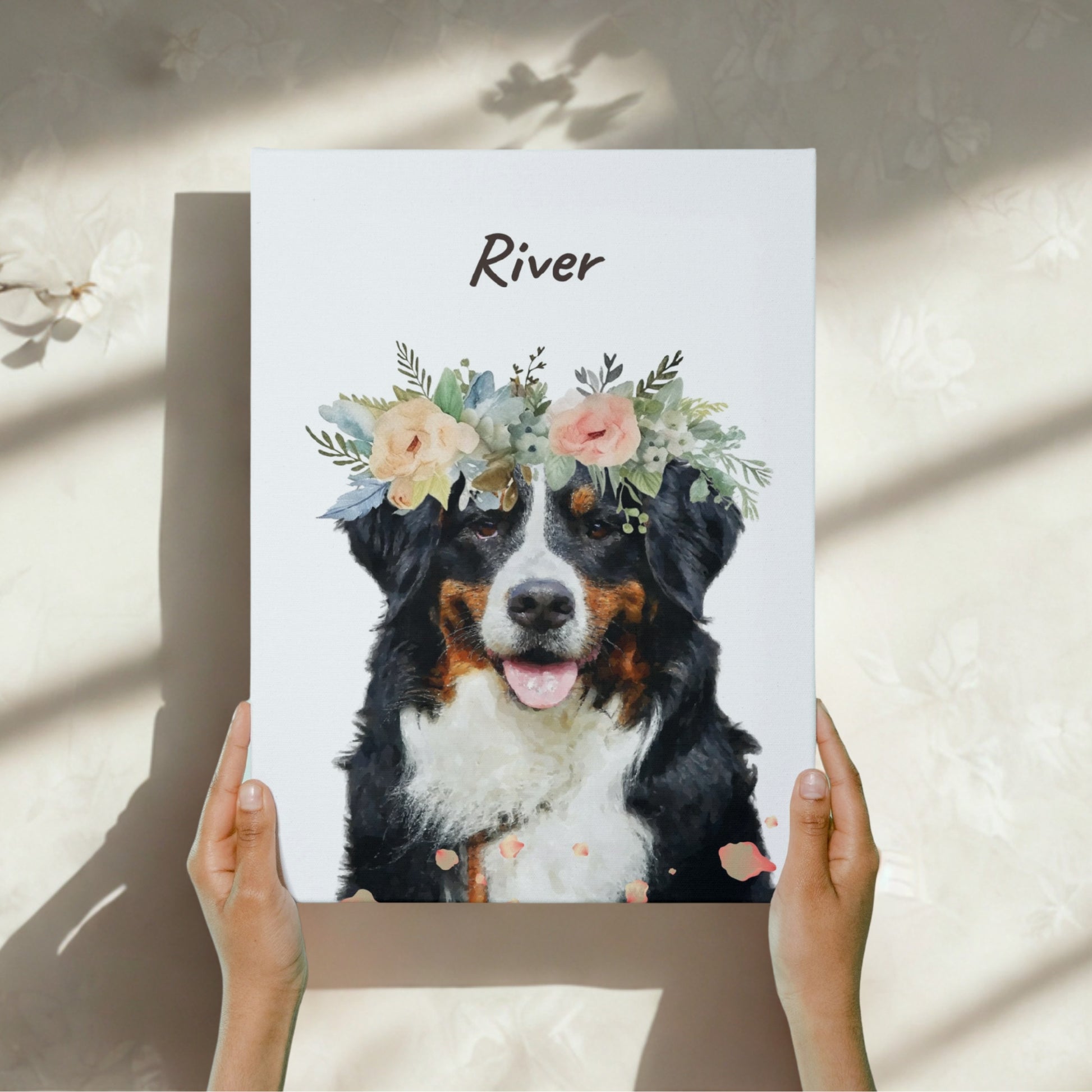 Watercolor portrait of a Bernese Mountain Dog named River wearing a flower crown, with her name above in cursive.