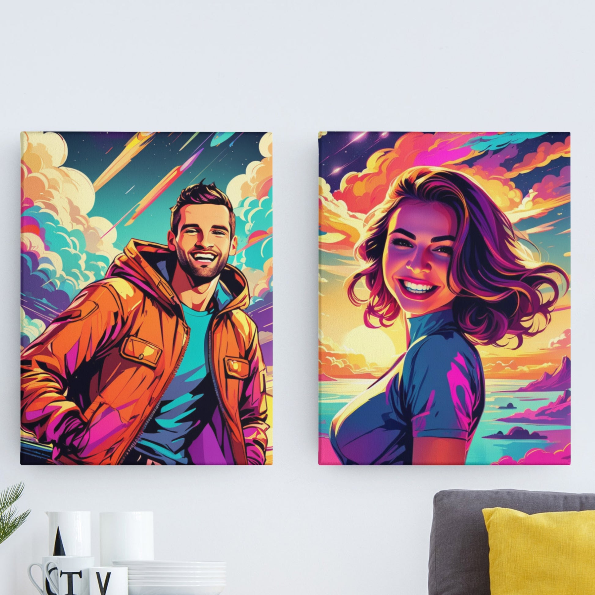 Canvas featuring a vibrant Pop Art portrait of a young man and woman, mounted on a wall, showcasing bold colors and graphic details.
