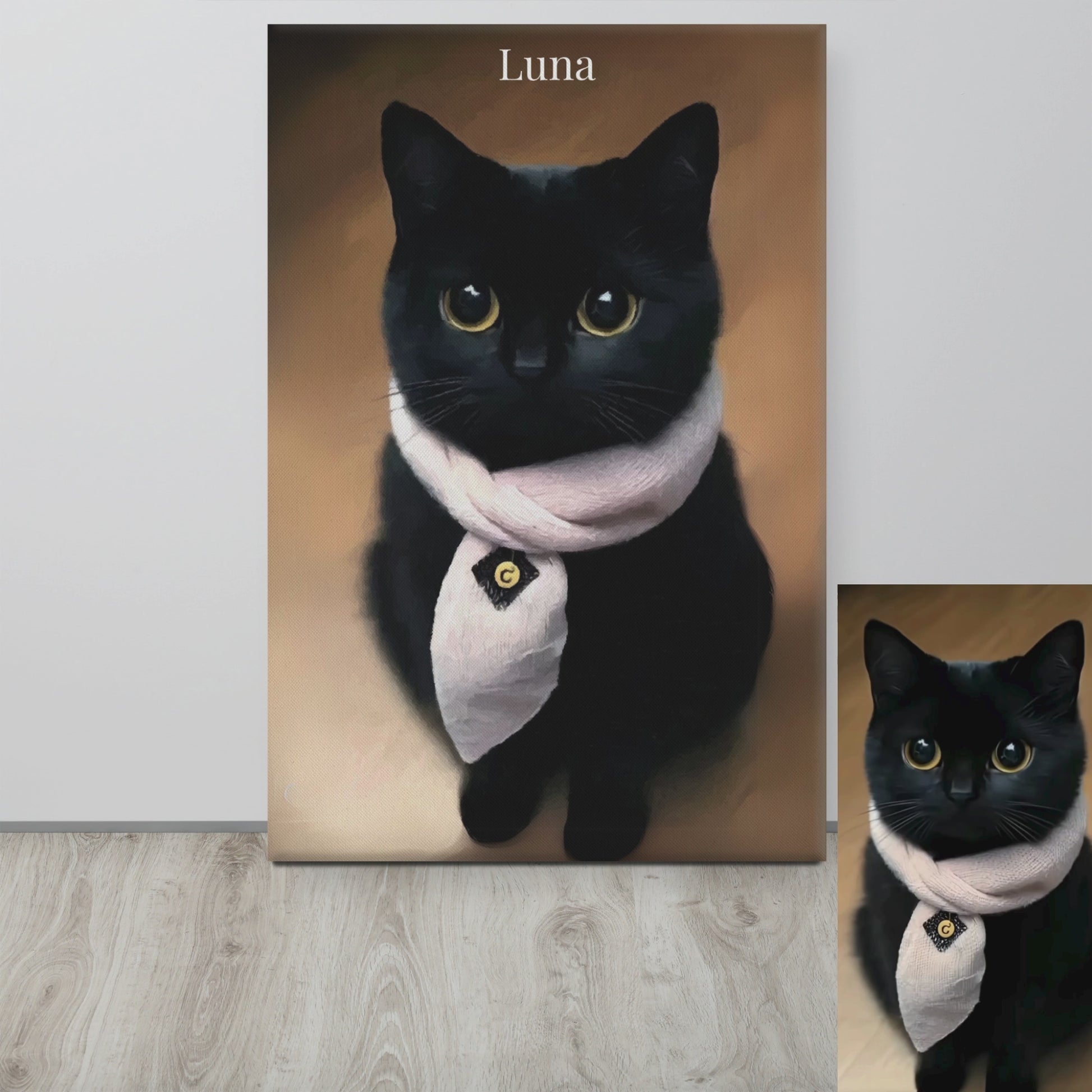 A Black Cat Canvas with a video or the original black cat next to the portrait.