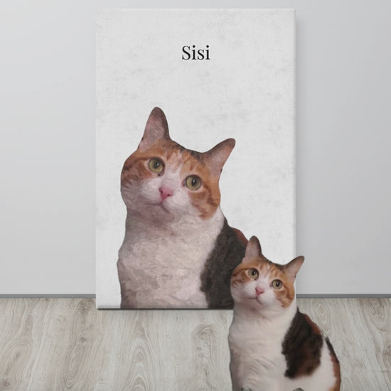 Custom pet portrait of a modern cat portrait on a canvas with its name on it.