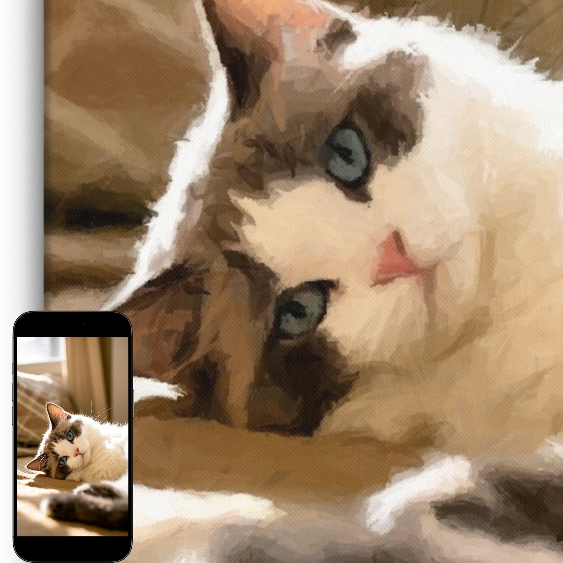A close-up of a custom portrait canvas featuring a Ragdoll cat, mounted on a wall. Beside it, a phone displays the original photo of the cat, highlighting the resemblance.