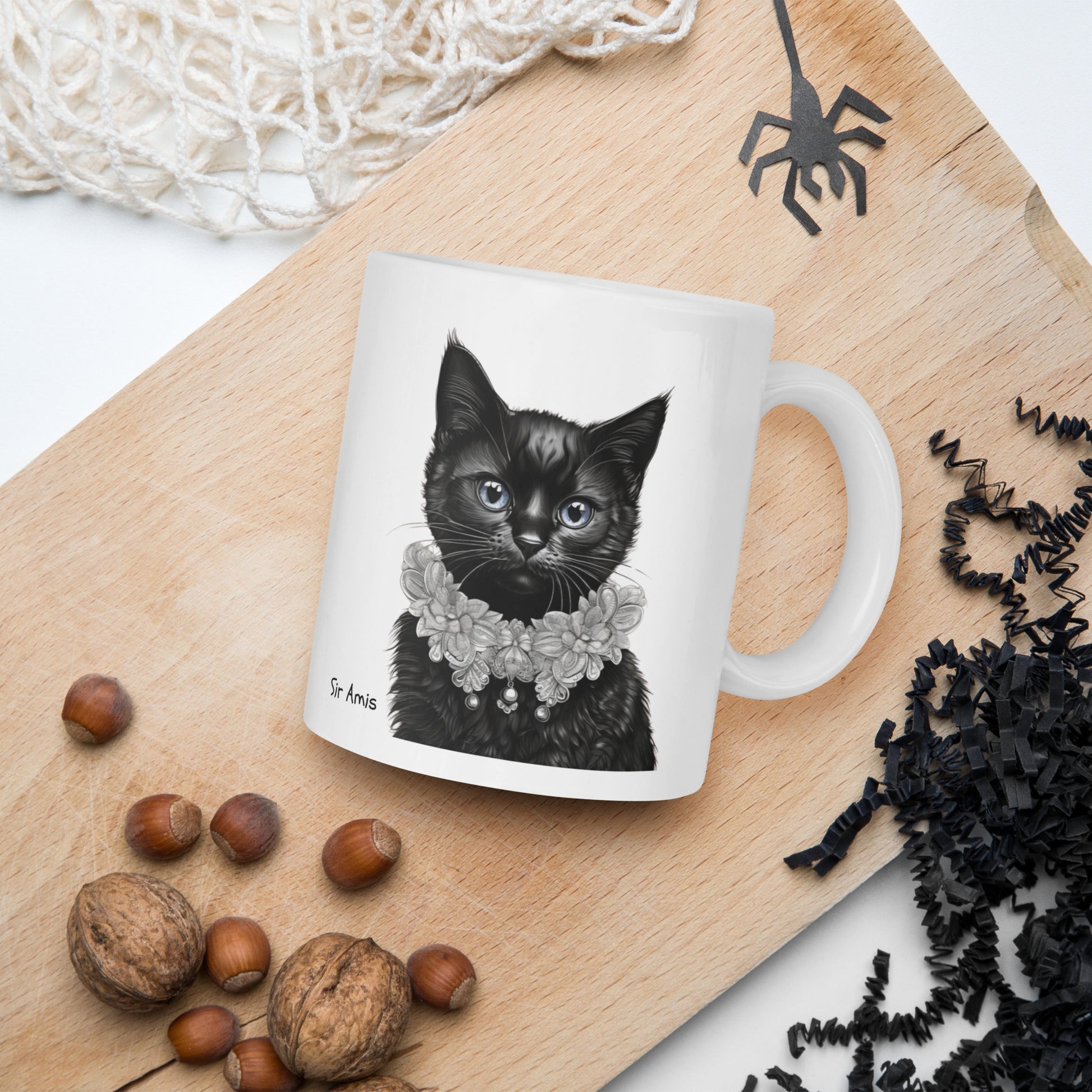 Royal cat coffee mug showcasing a royal cat lord design, displayed on a table. 