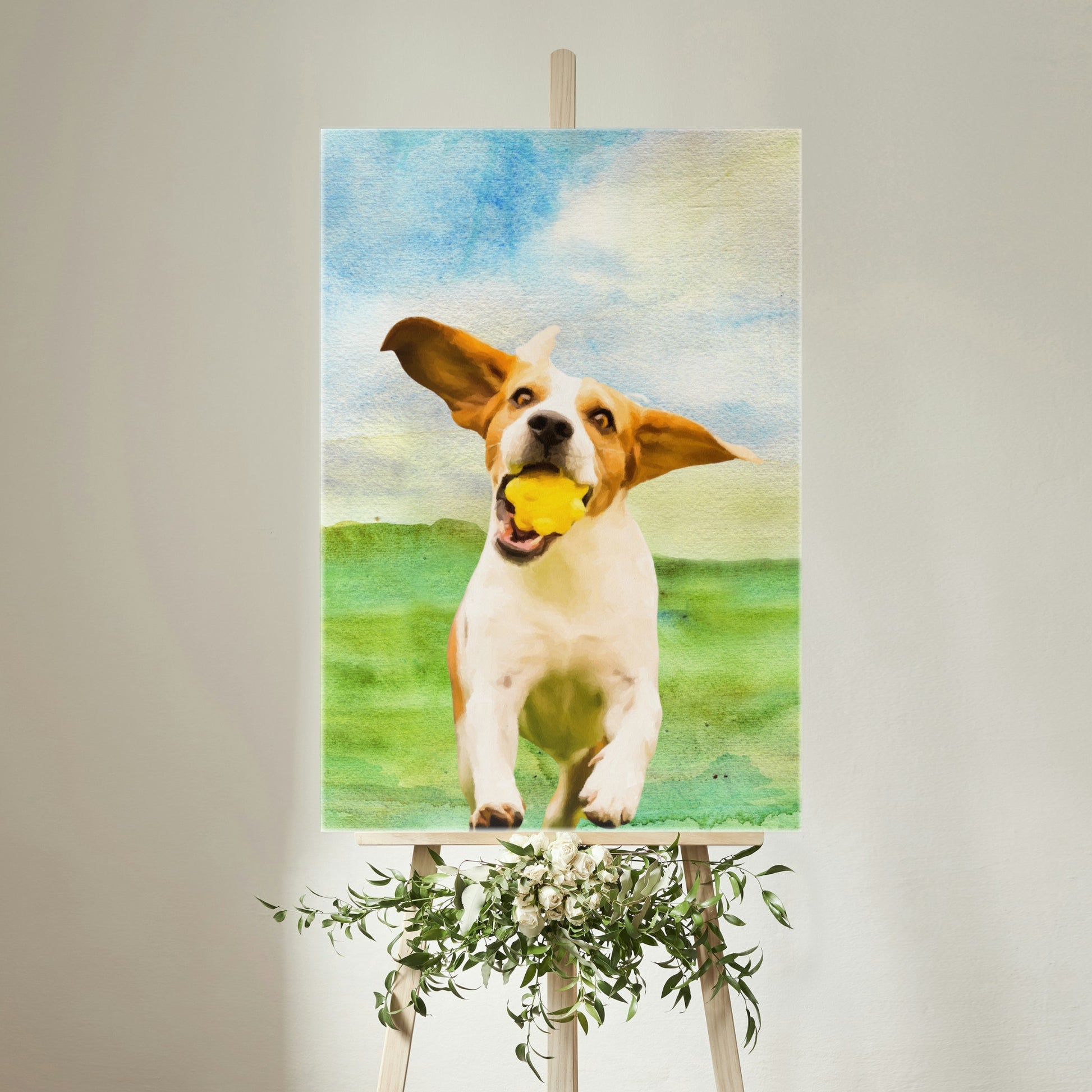 Portrait of a joyful, running dog against a vivid, nature-filled background on a vibrant canvas – Mood-Brightening Pet Portrait.