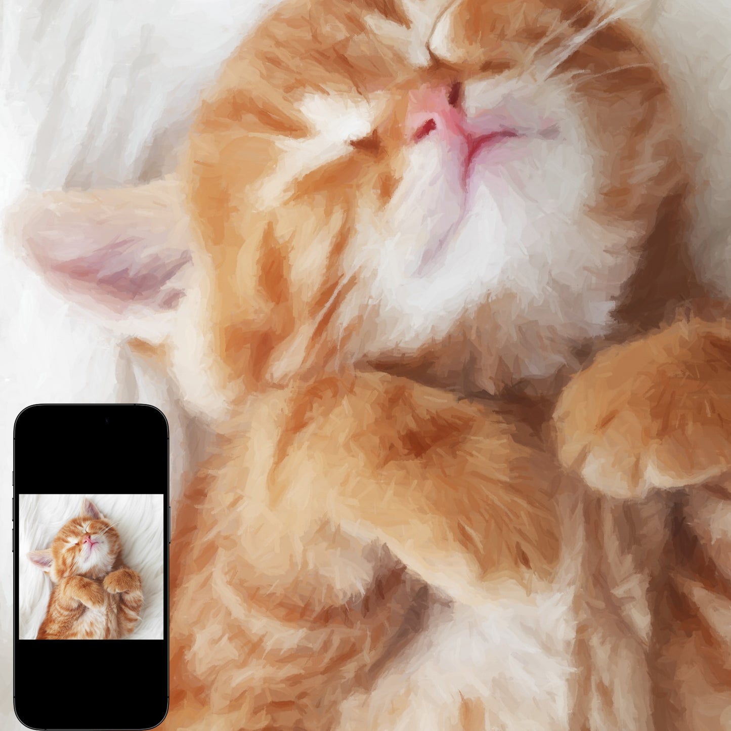 A close-up of a custom oil painting portrait canvas showcasing an adorable sleeping kitten. Next to it, a phone displays the original cat photo, emphasizing the striking resemblance.