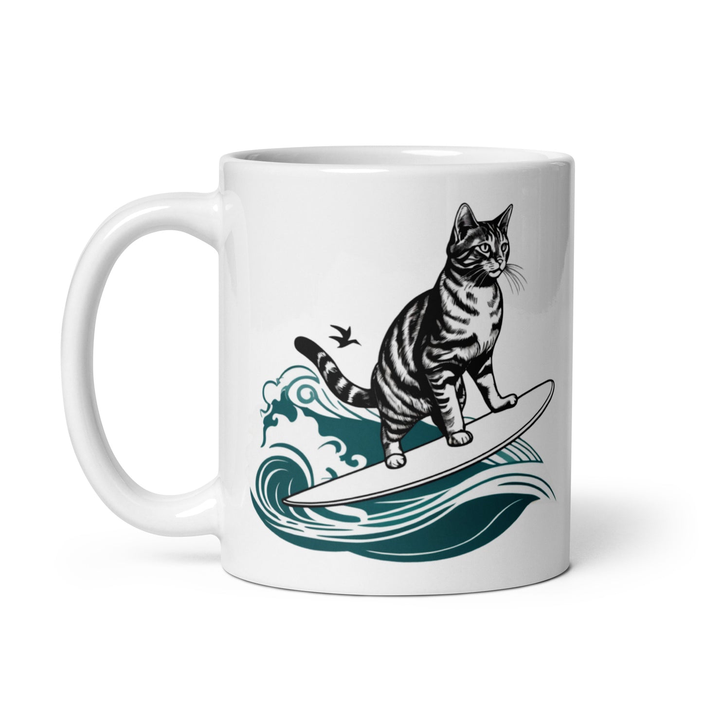 Glossy white ceramic surfing cat mug – playful design for cat lovers and surfers.