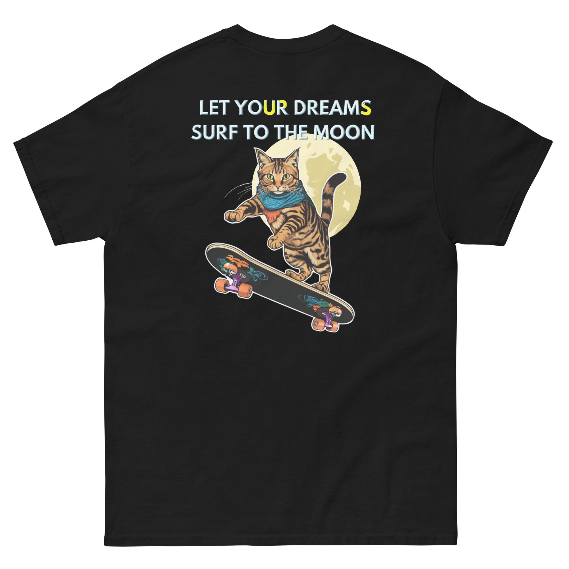 Black cotton T-shirt with a graphic of a cat skateboarding toward the moon on the back.