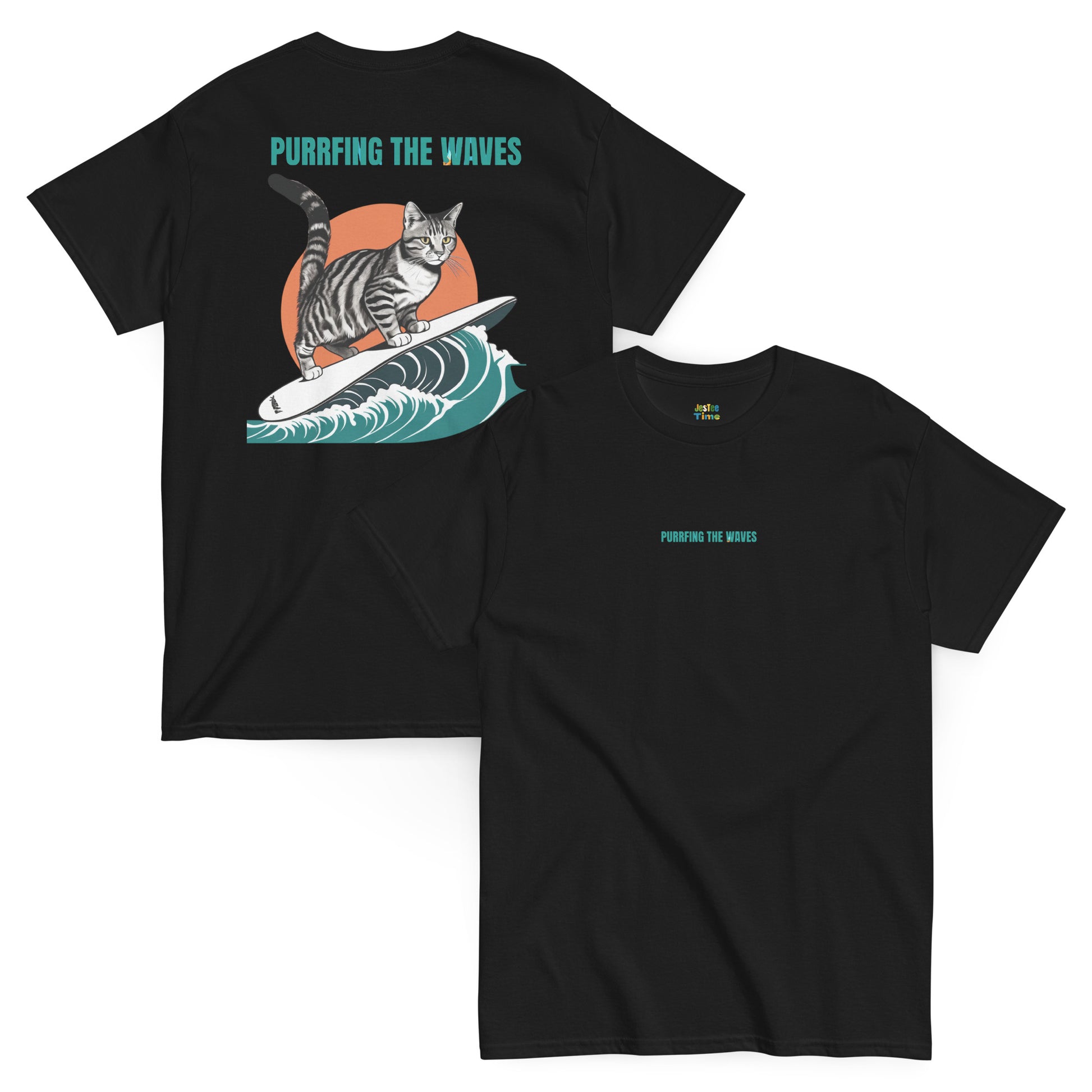 Front and back view of a black cotton T-shirt featuring a cat surfing graphic, with the stylishly designed phrase 'Purrfing the waves.'