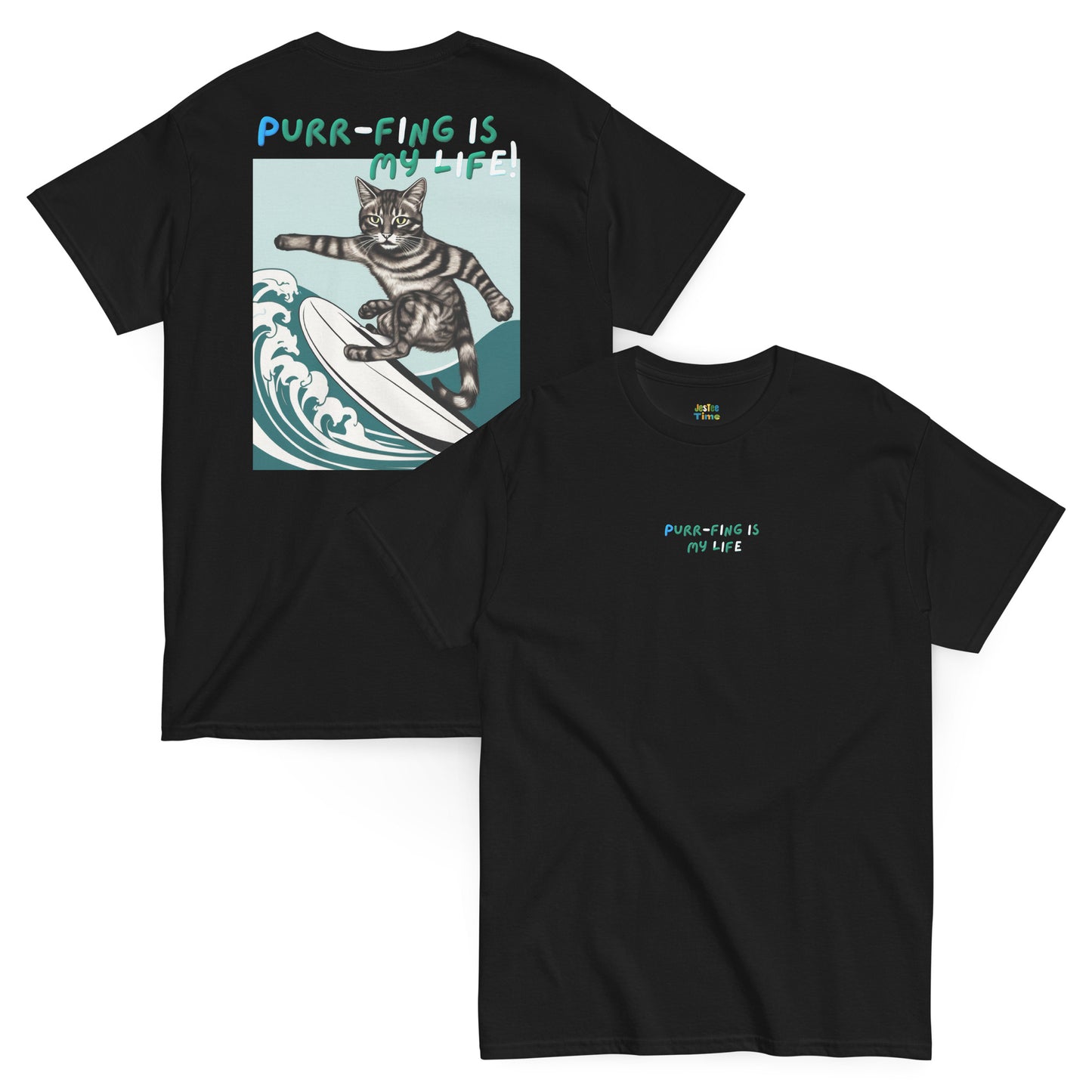 Front and back view of a black cotton T-shirt featuring a surfing cat graphic and the stylishly designed phrase 'Purrfing is my life'.