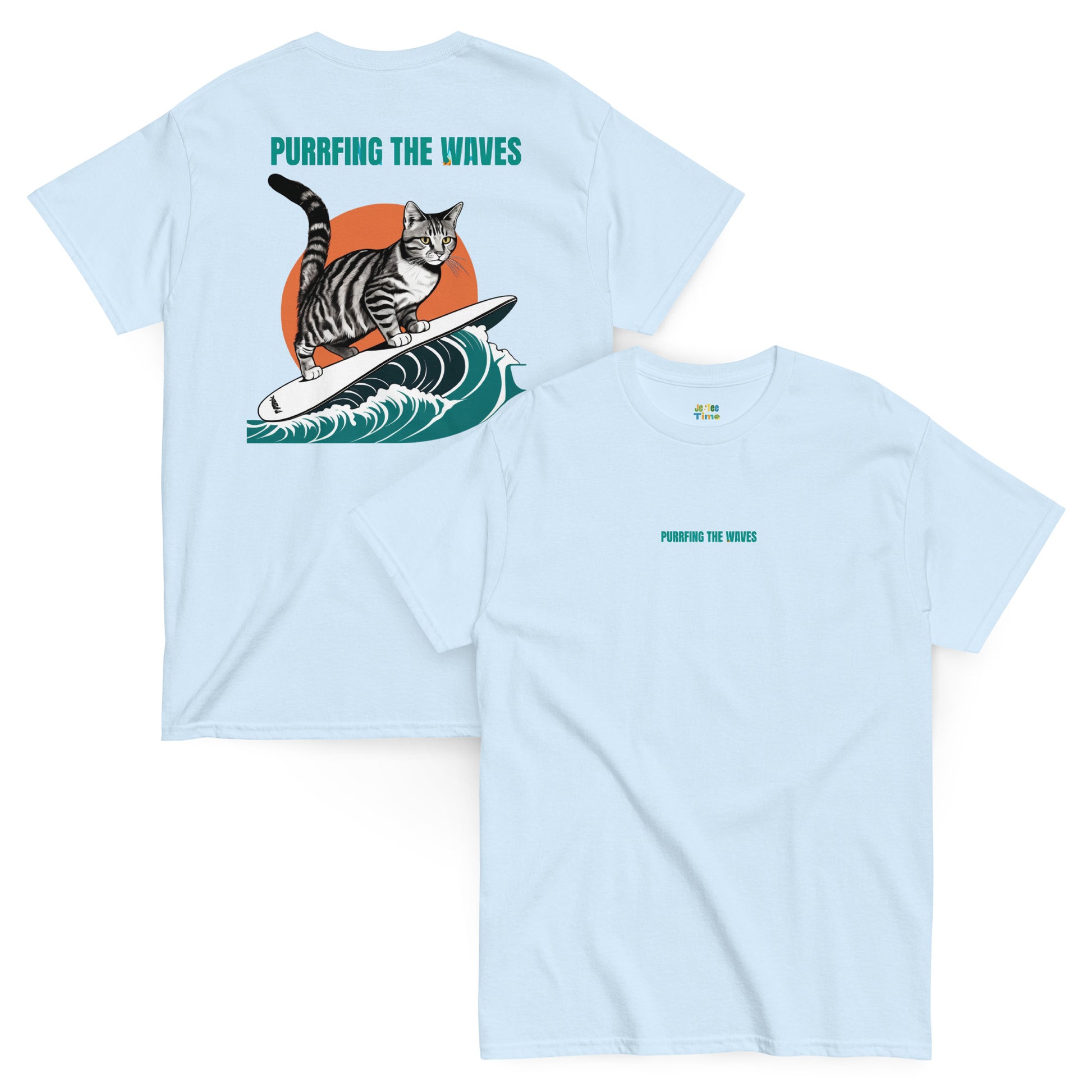 Front and back view of a light blue cotton T-shirt featuring a cat surfing graphic, with the stylishly designed phrase 'Purrfing the waves.'