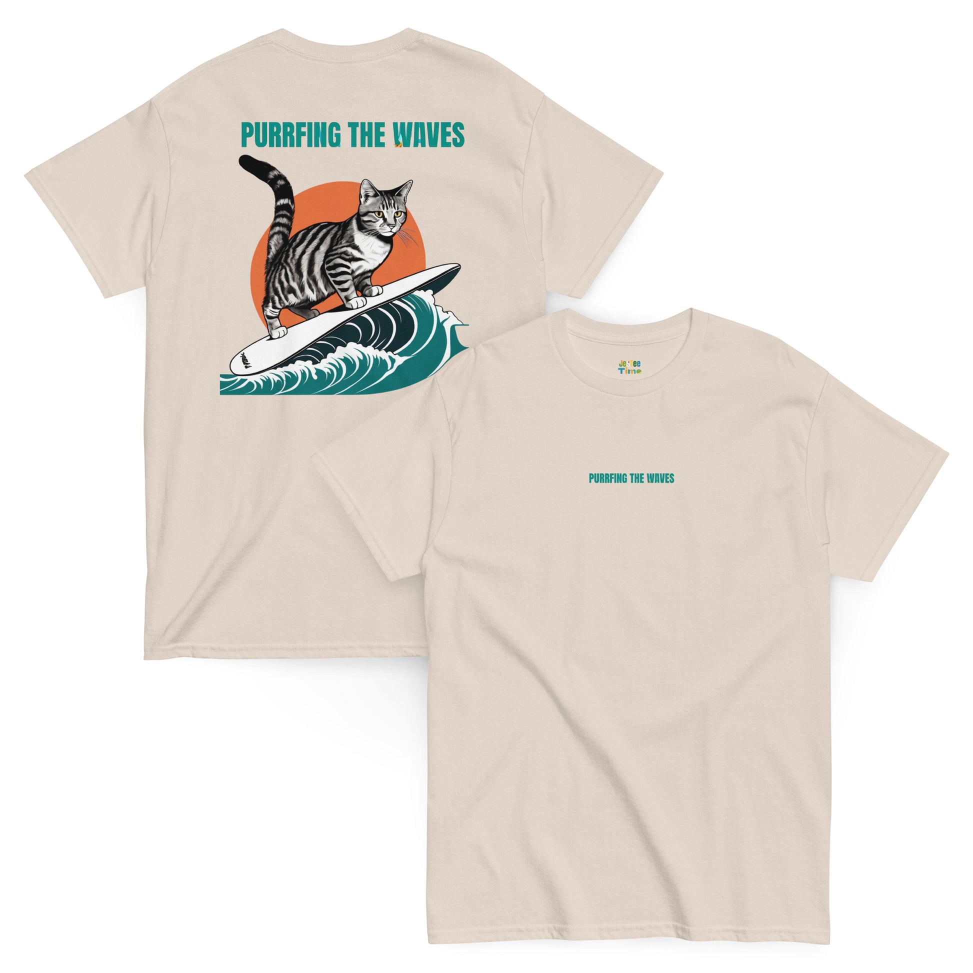 Front and back view of a beige colored cotton T-shirt featuring a cat surfing graphic, with the stylishly designed phrase 'Purrfing the waves.'