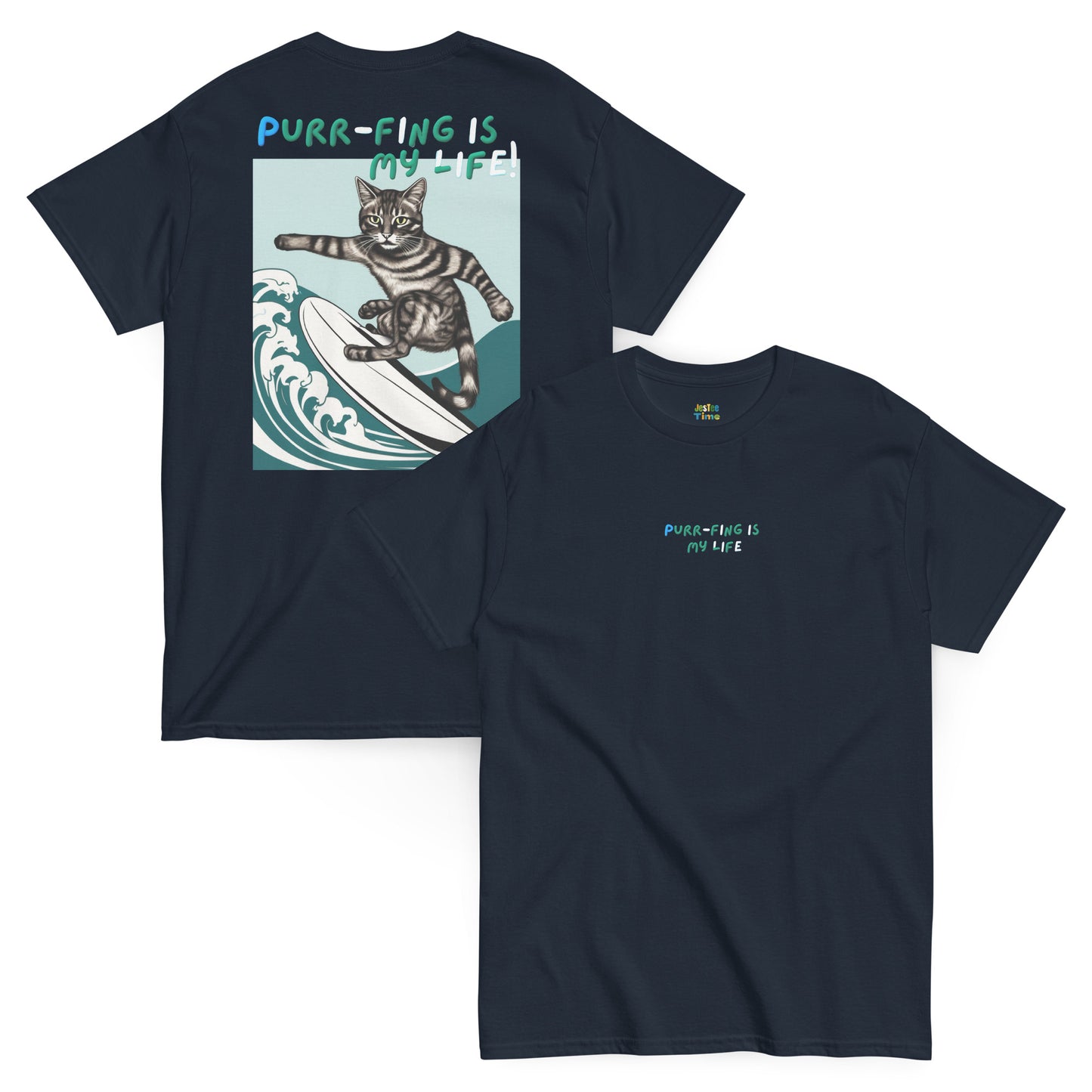 Front and back view of a navy cotton T-shirt featuring a surfing cat graphic and the stylishly designed phrase 'Purrfing is my life'.
