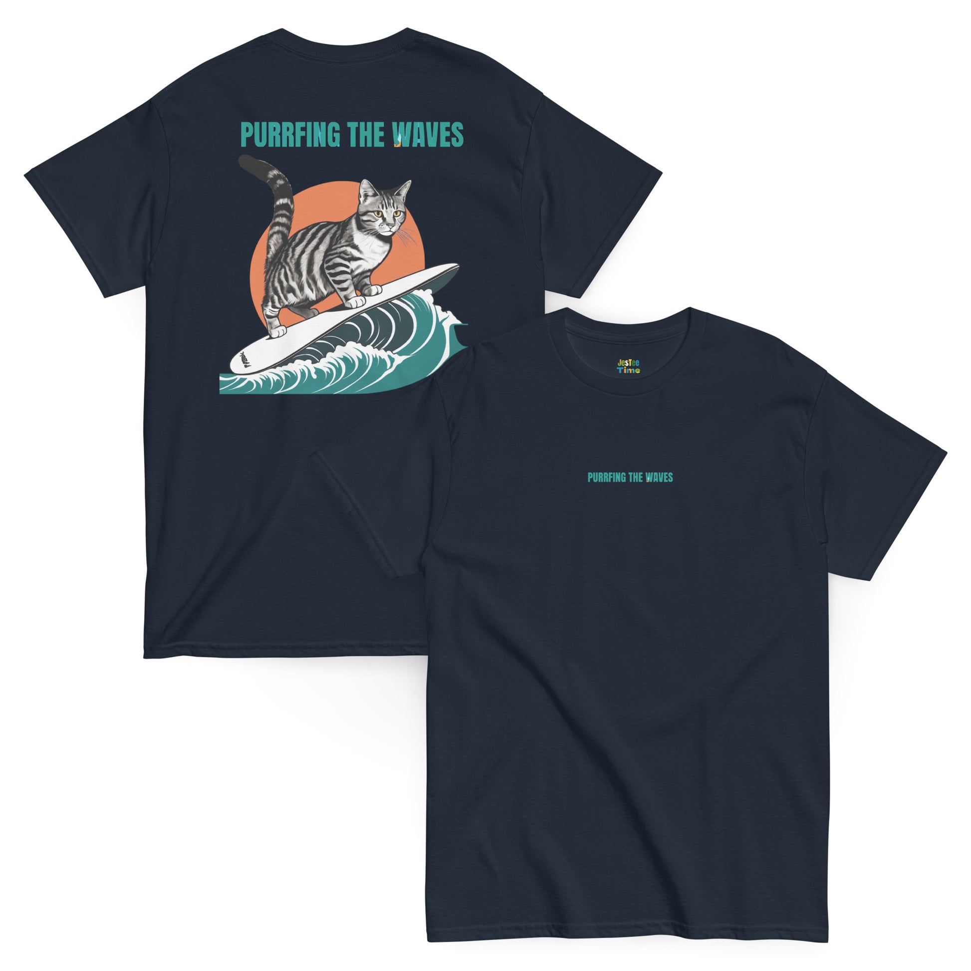 Front and back view of a navy cotton T-shirt featuring a cat surfing graphic, with the stylishly designed phrase 'Purrfing the waves'.