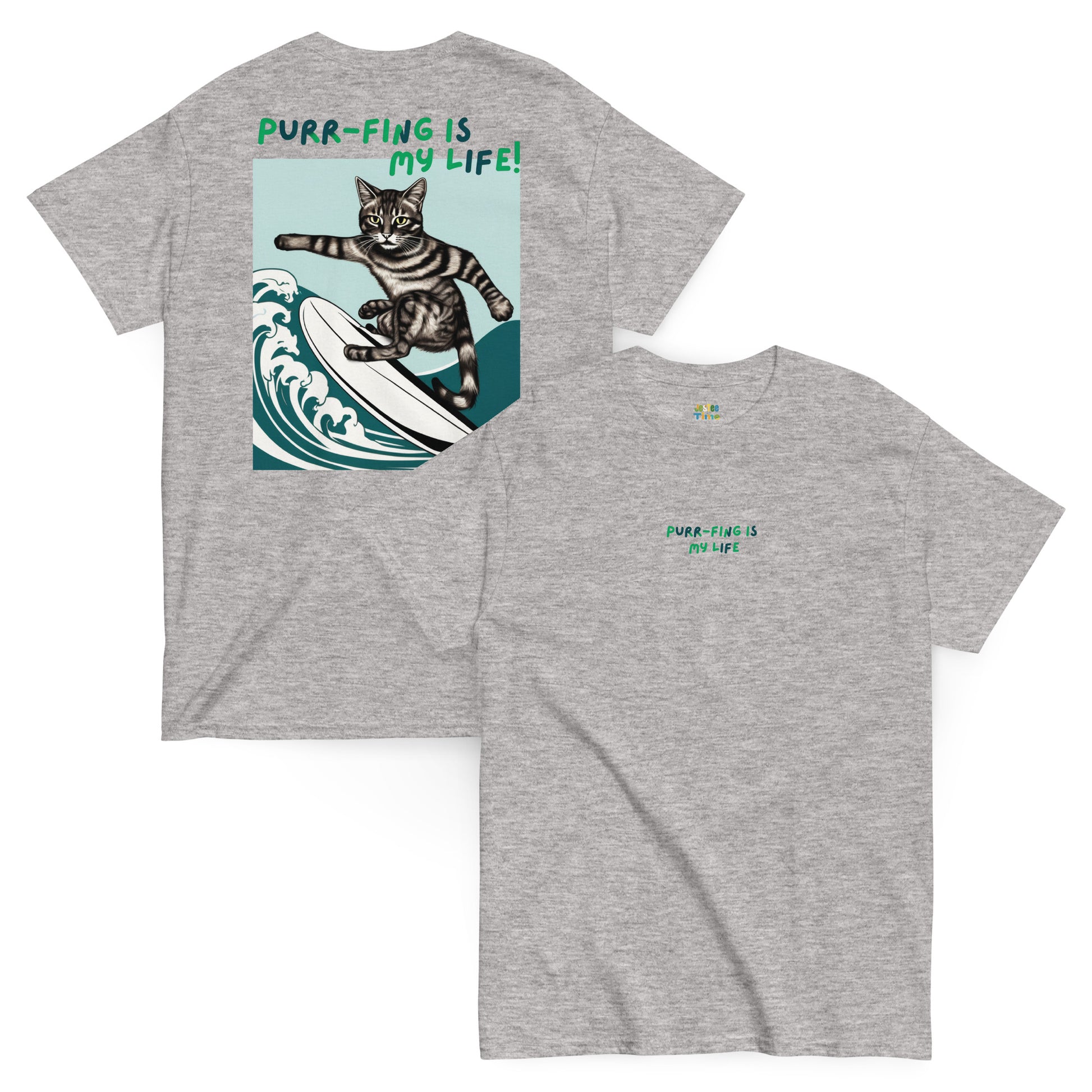 Front and back view of a grey cotton T-shirt featuring a surfing cat graphic and the stylishly designed phrase 'Purrfing is my life'.
