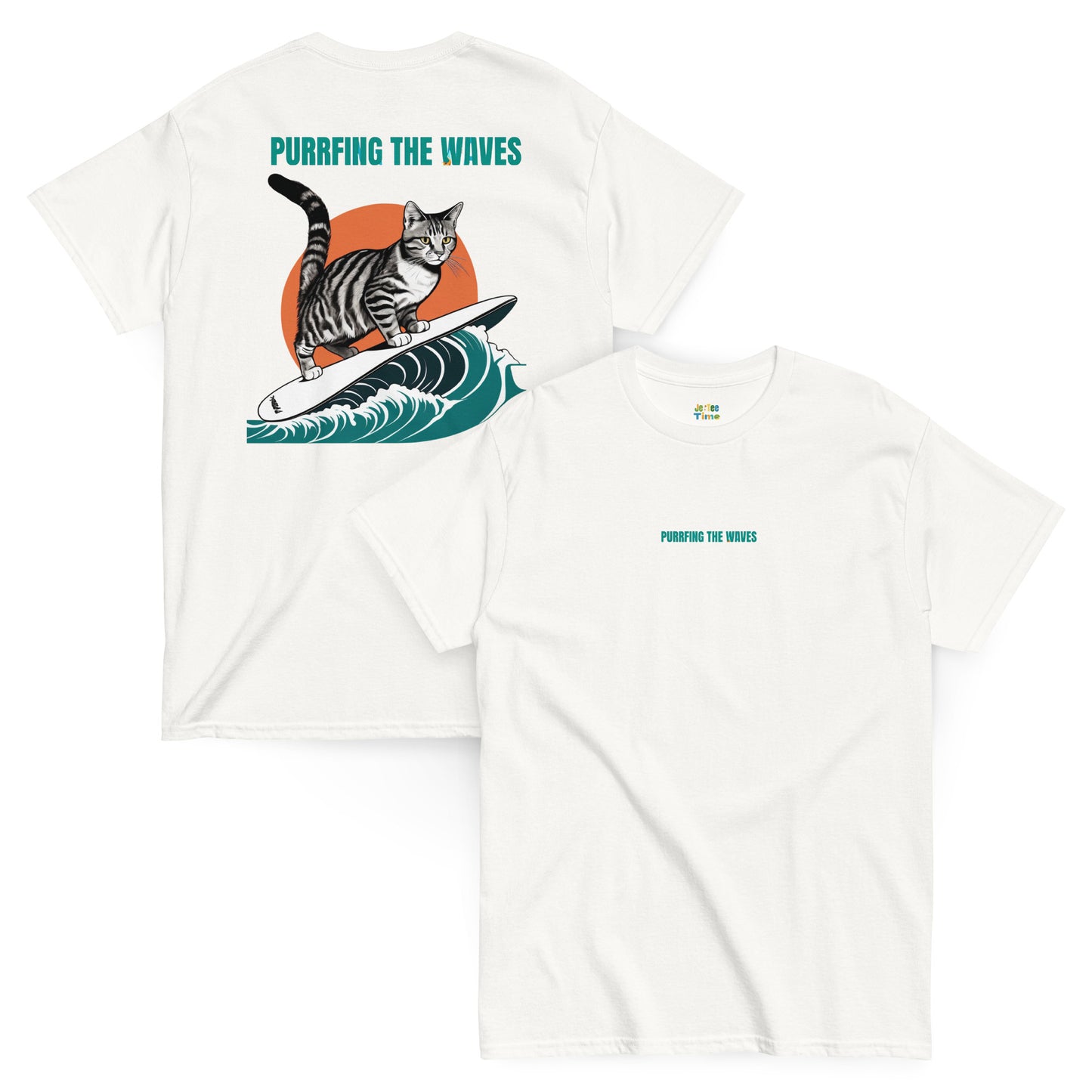 Front and back view of a white cotton T-shirt featuring a cat surfing graphic, with the stylishly designed phrase 'Purrfing the waves.'