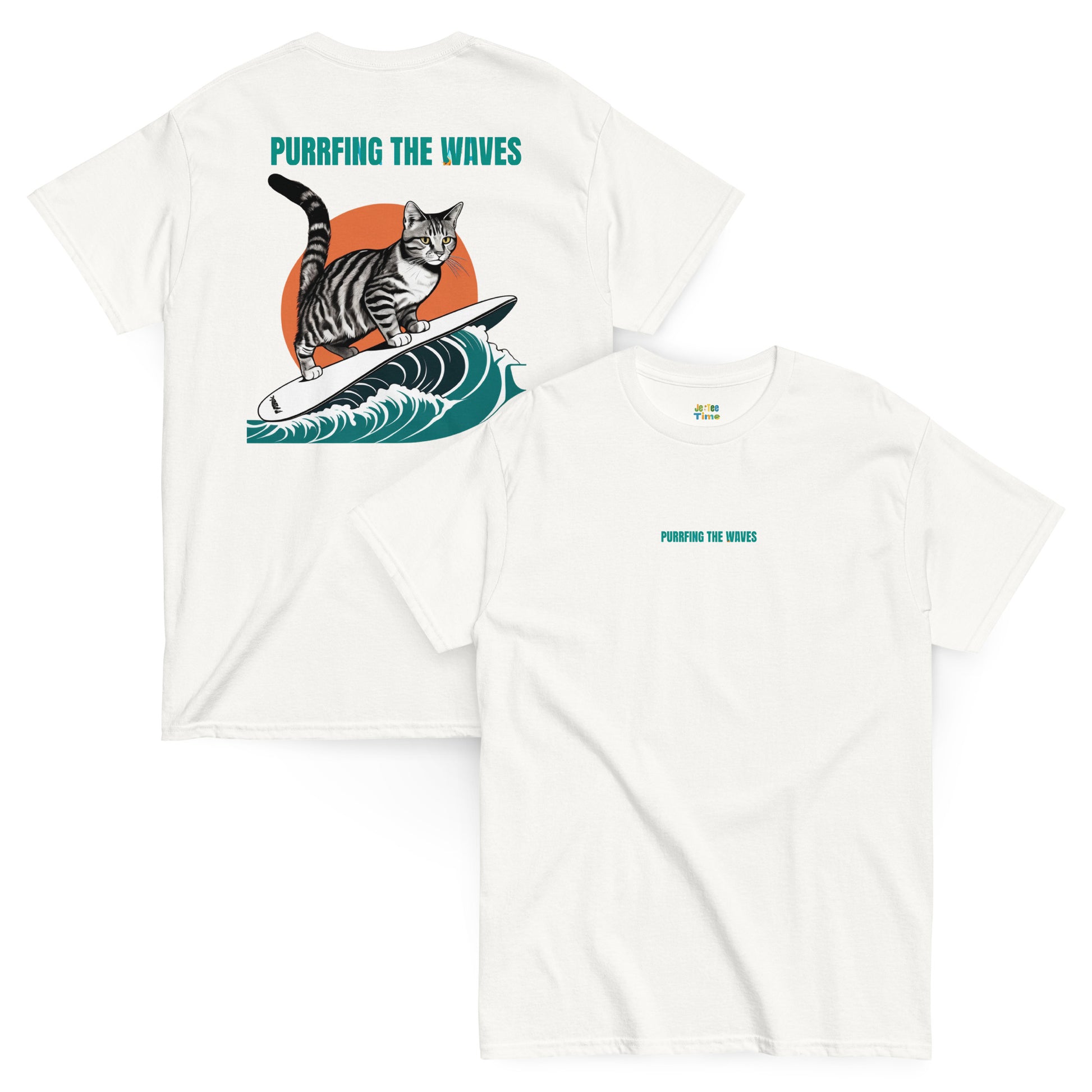 Front and back view of a white cotton T-shirt featuring a cat surfing graphic, with the stylishly designed phrase 'Purrfing the waves.'