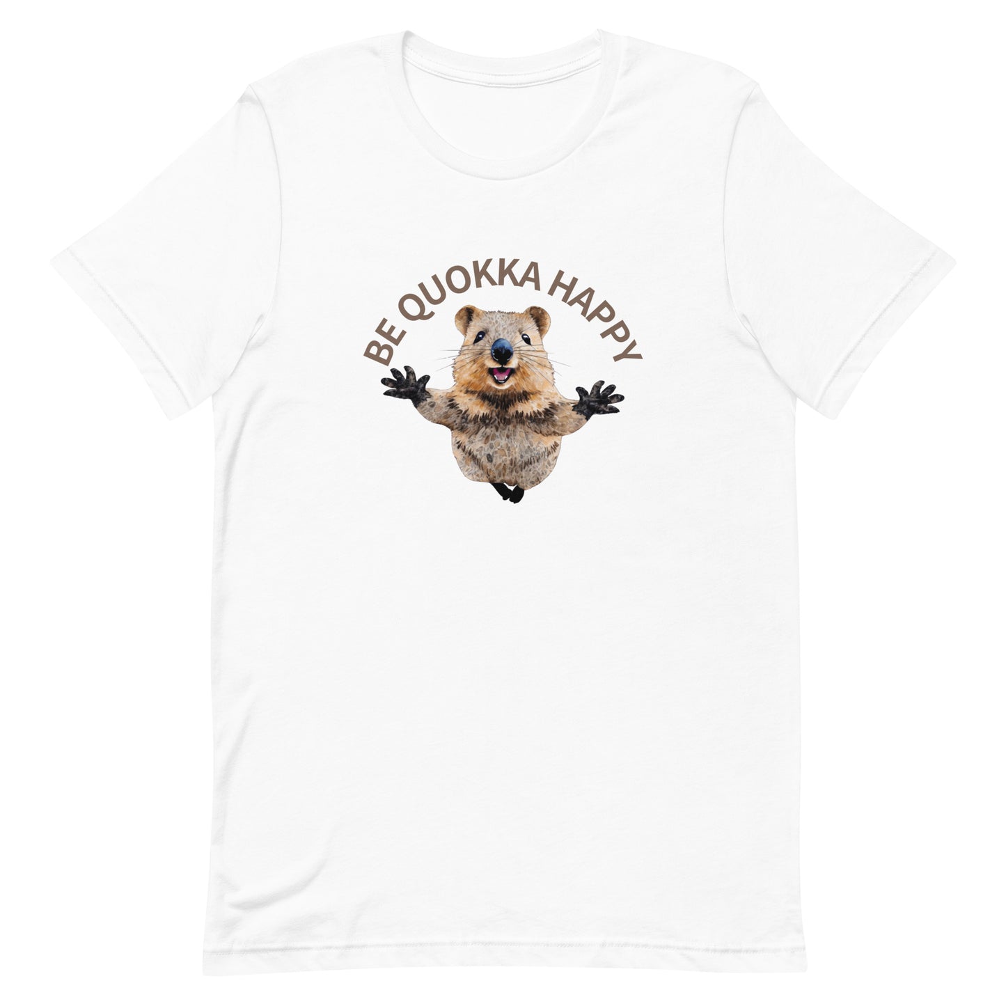 A white cotton T-shirt with a Happy Quokka graphic.