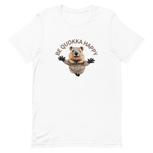 A white cotton T-shirt with a Happy Quokka graphic.