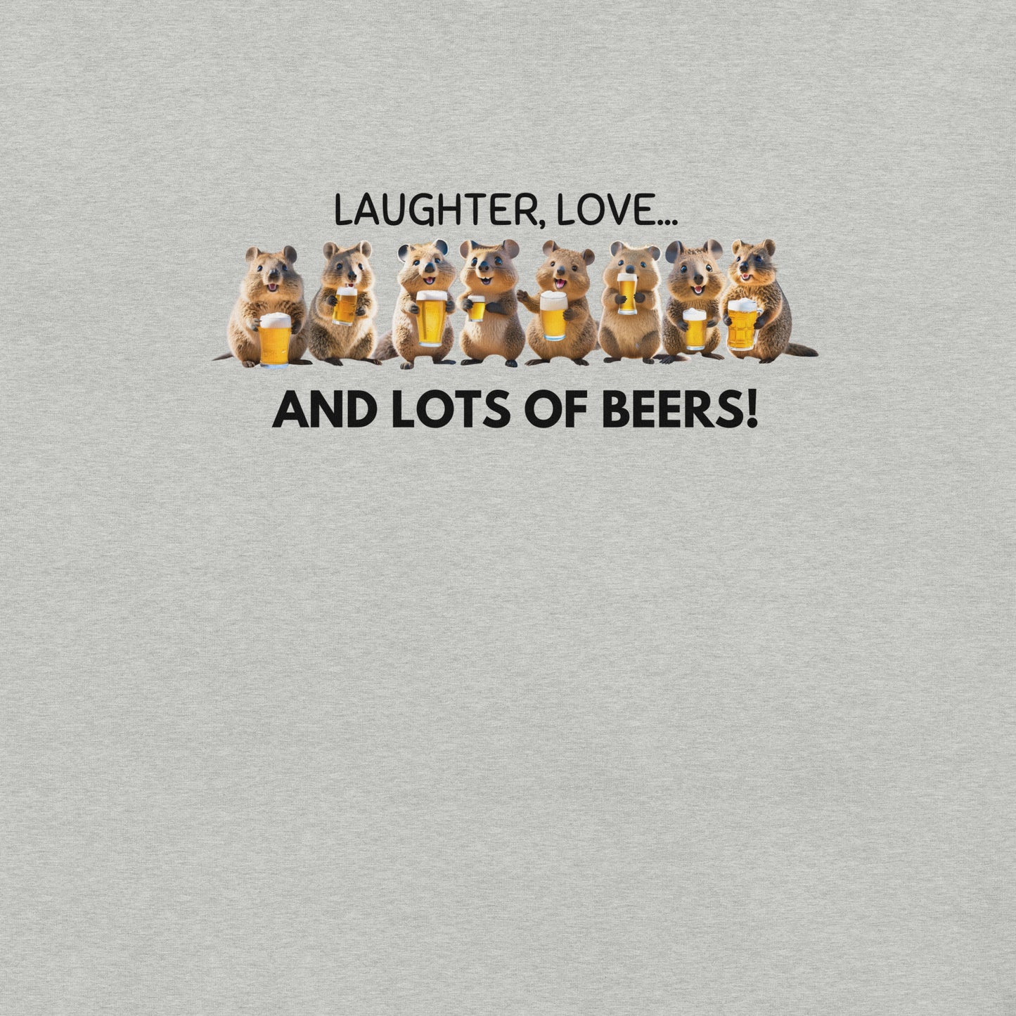 Close up of a grey cotton T-shirt featuring a cheerful Quokka enjoying beers with friends, highlighting the fun, lively design and radiating good vibes.