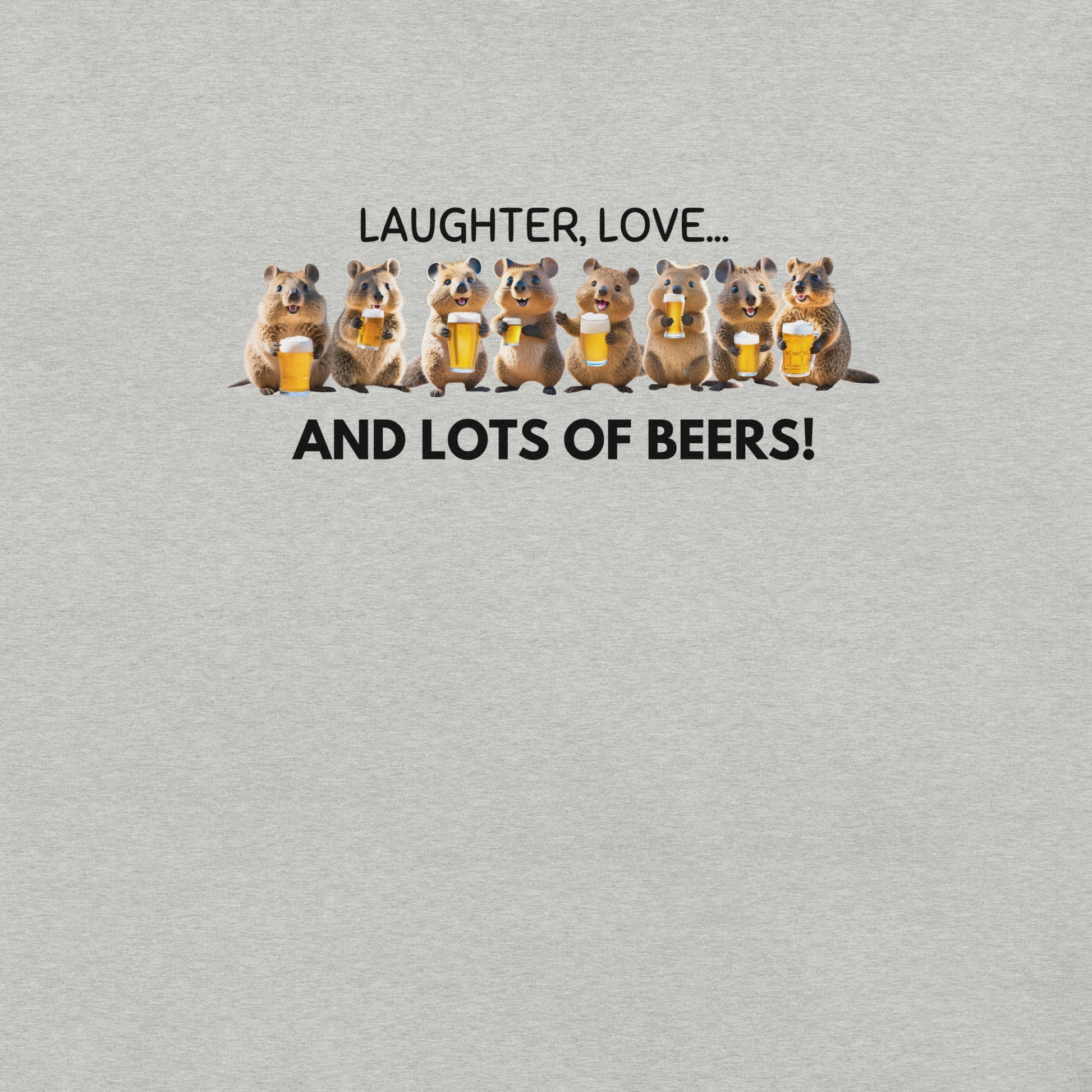 Close up of a grey cotton T-shirt featuring a cheerful Quokka enjoying beers with friends, highlighting the fun, lively design and radiating good vibes.