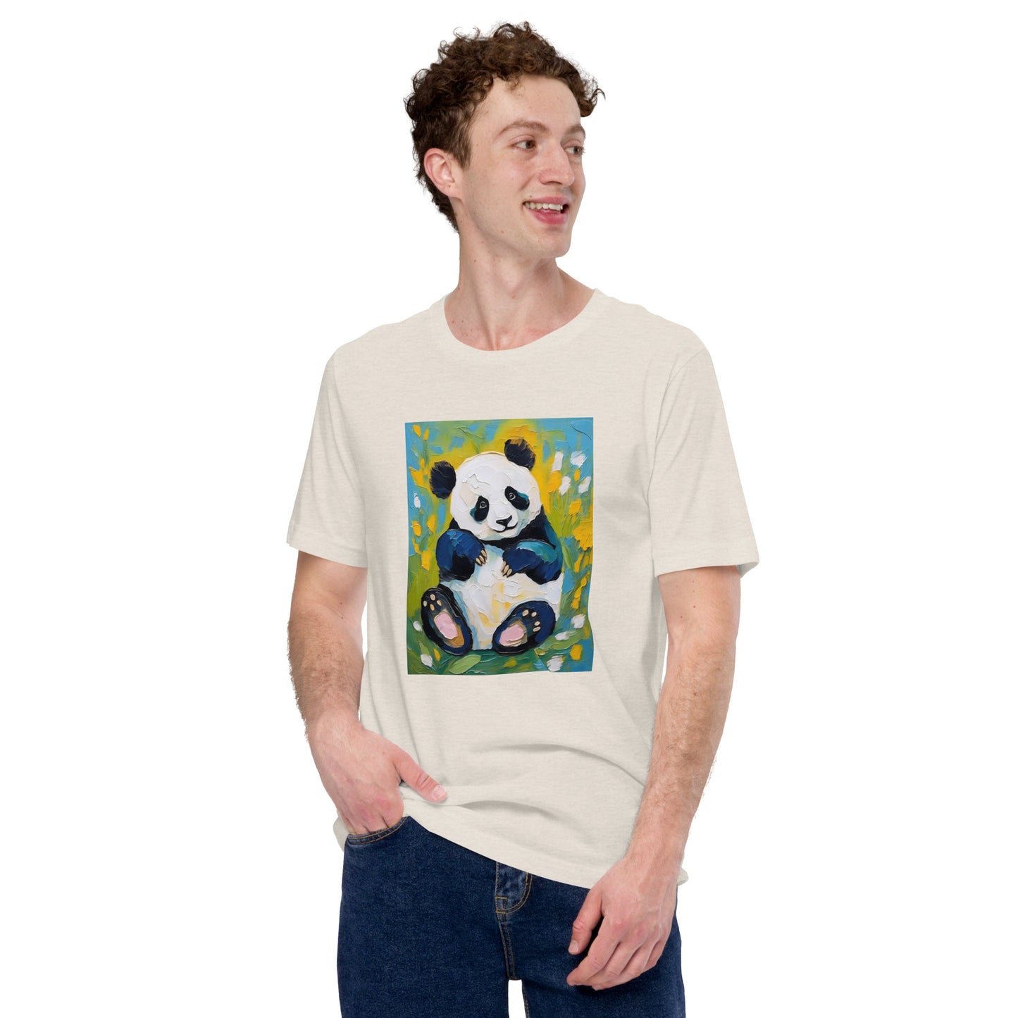 Young man smiling in a heather dust cotton t-shirt with an oil-painting style panda and vibrant floral blossom design—artistic and comfortable.