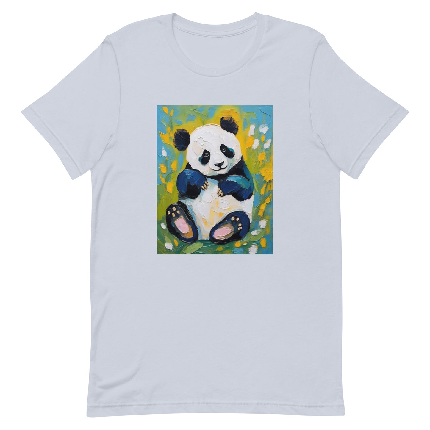 Light blue soft cotton t-shirt featuring a playful brushstroke-style panda with vibrant floral blossoms, artistic and cozy.