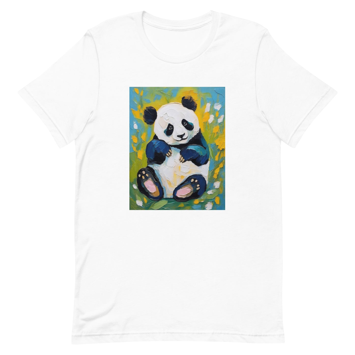 White soft cotton t-shirt featuring a playful brushstroke-style panda with vibrant floral blossoms, artistic and cozy.