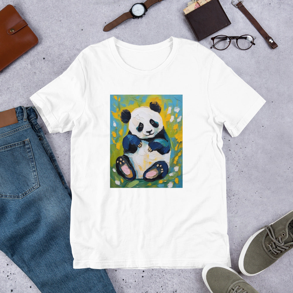 A soft white cotton t-shirt showcasing a charming brushstroke-style panda adorned with vibrant floral blossoms. Artistic and cozy, it is laid flat, complemented by paired jeans and sneakers.