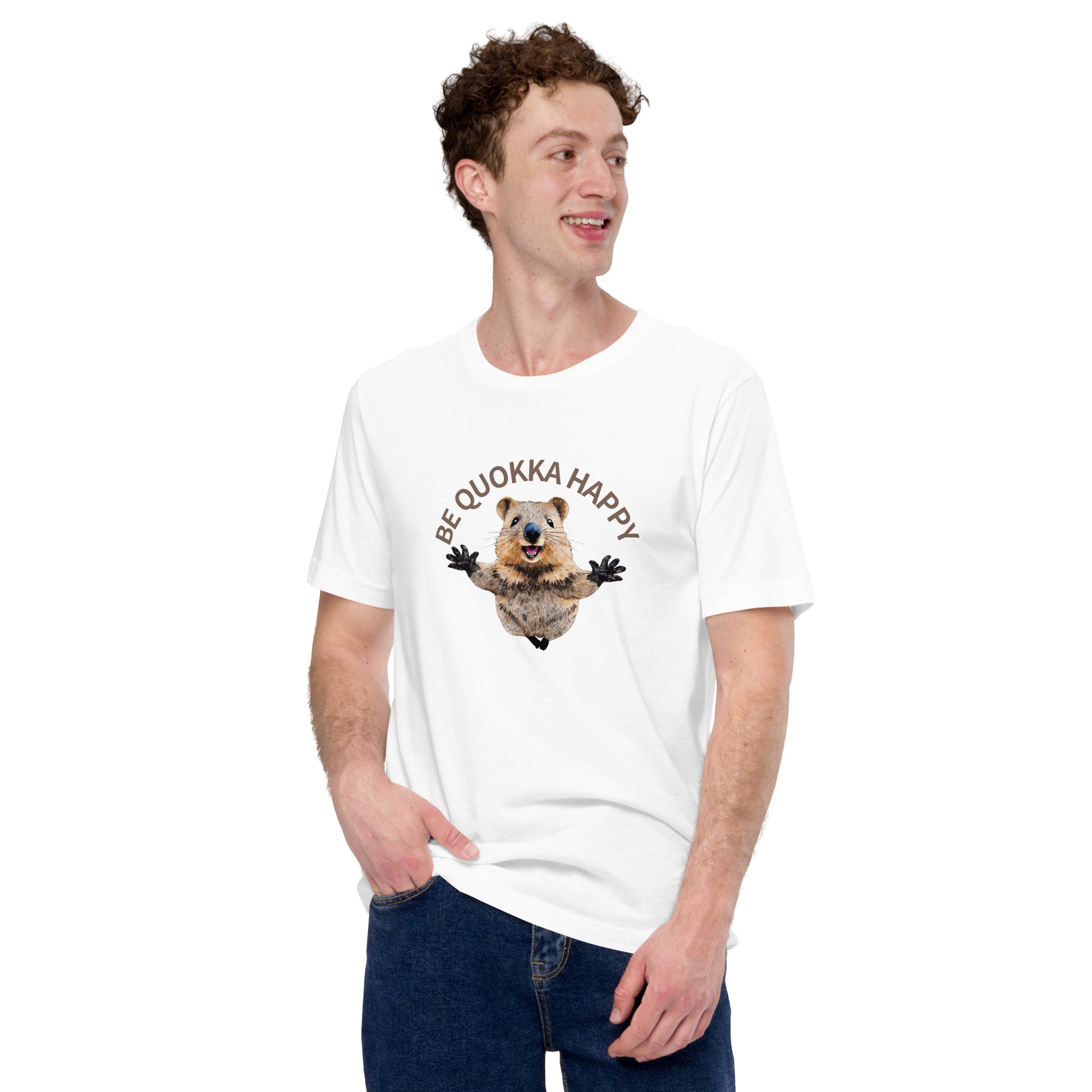 A man wearing a white cotton T-shirt with a Happy Quokka graphic.