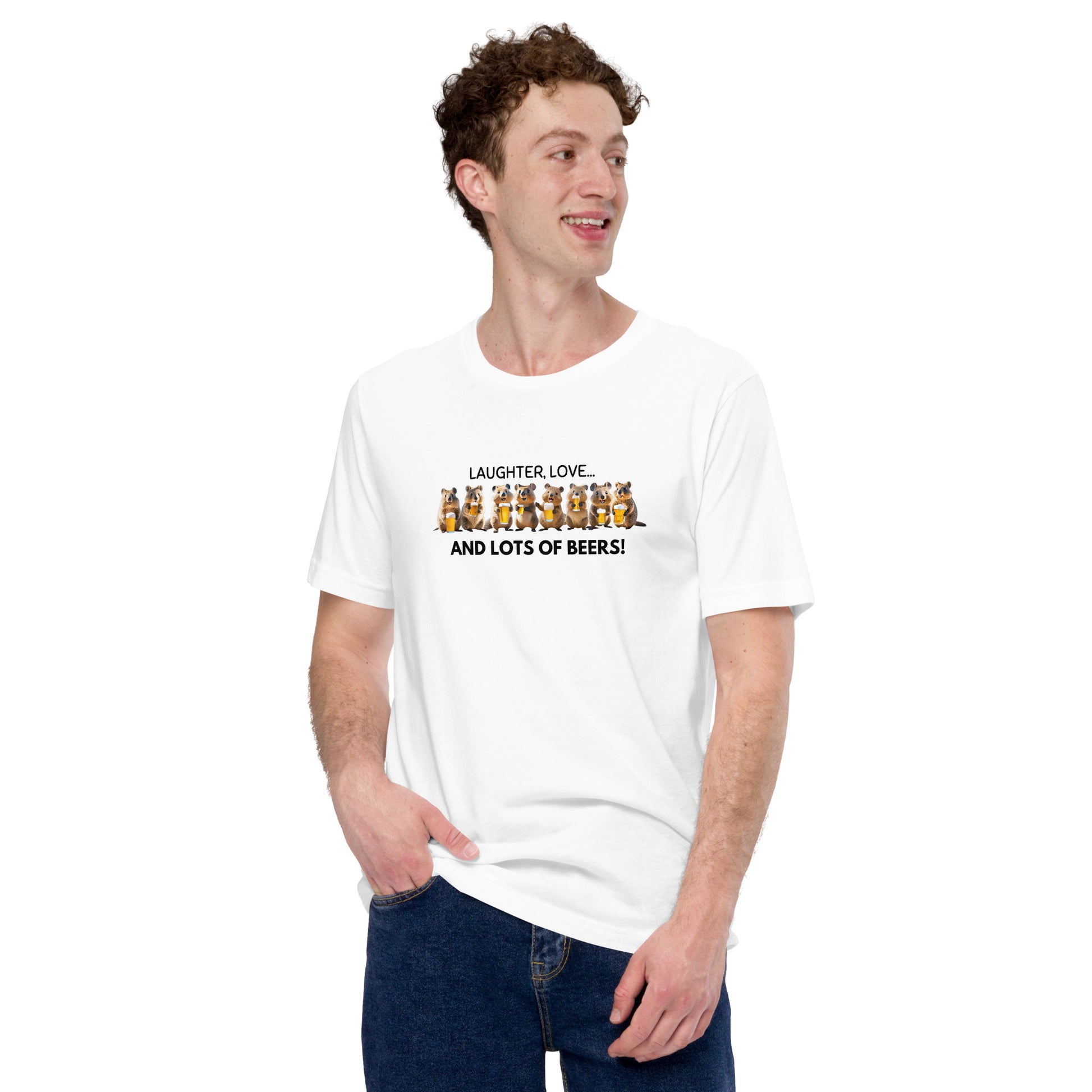 A man wears a white cotton T-shirt featuring a cheerful Quokka enjoying beers with friends, highlighting the fun, lively design and radiating good vibes.