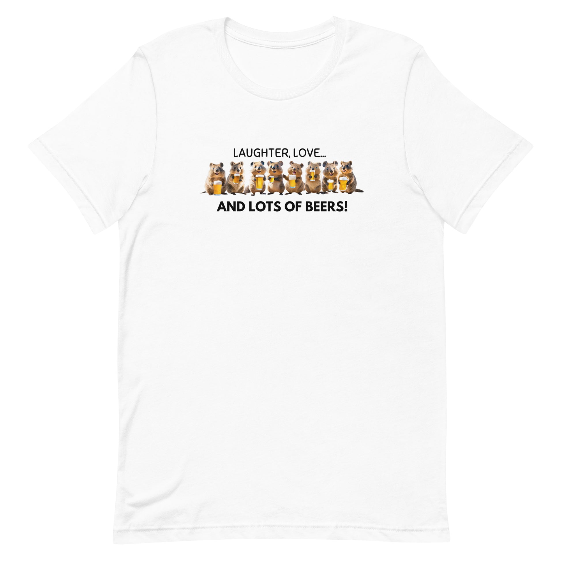 White cotton T-shirt showcasing a cheerful Quokka enjoying beers with friends, radiating fun and good vibes.
