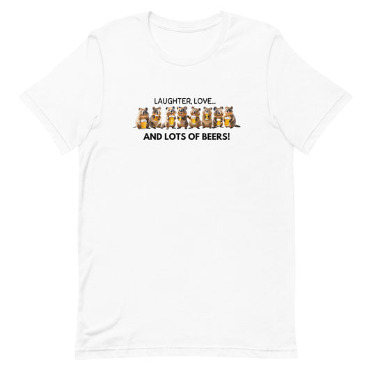 White cotton T-shirt showcasing a cheerful Quokka enjoying beers with friends, radiating fun and good vibes.
