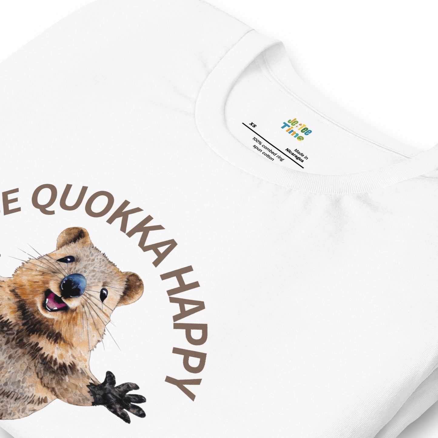Close up of a white cotton T-shirt with a Happy Quokka graphic.