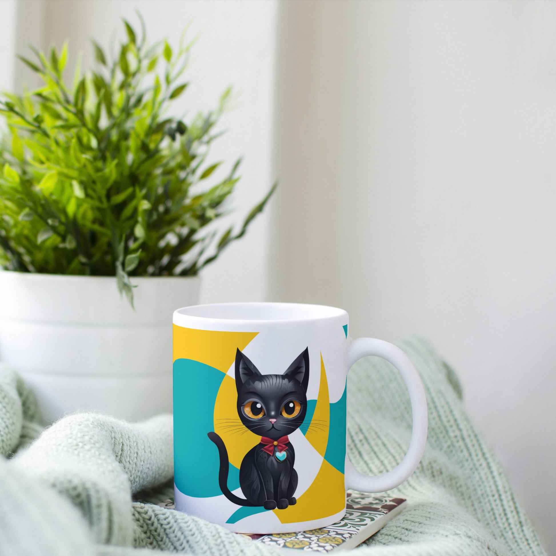 Glossy white ceramic mug with a sleek black cat design on a vibrant, artistic background, displayed gracefully on a modern desk in a cozy bedroom setting.