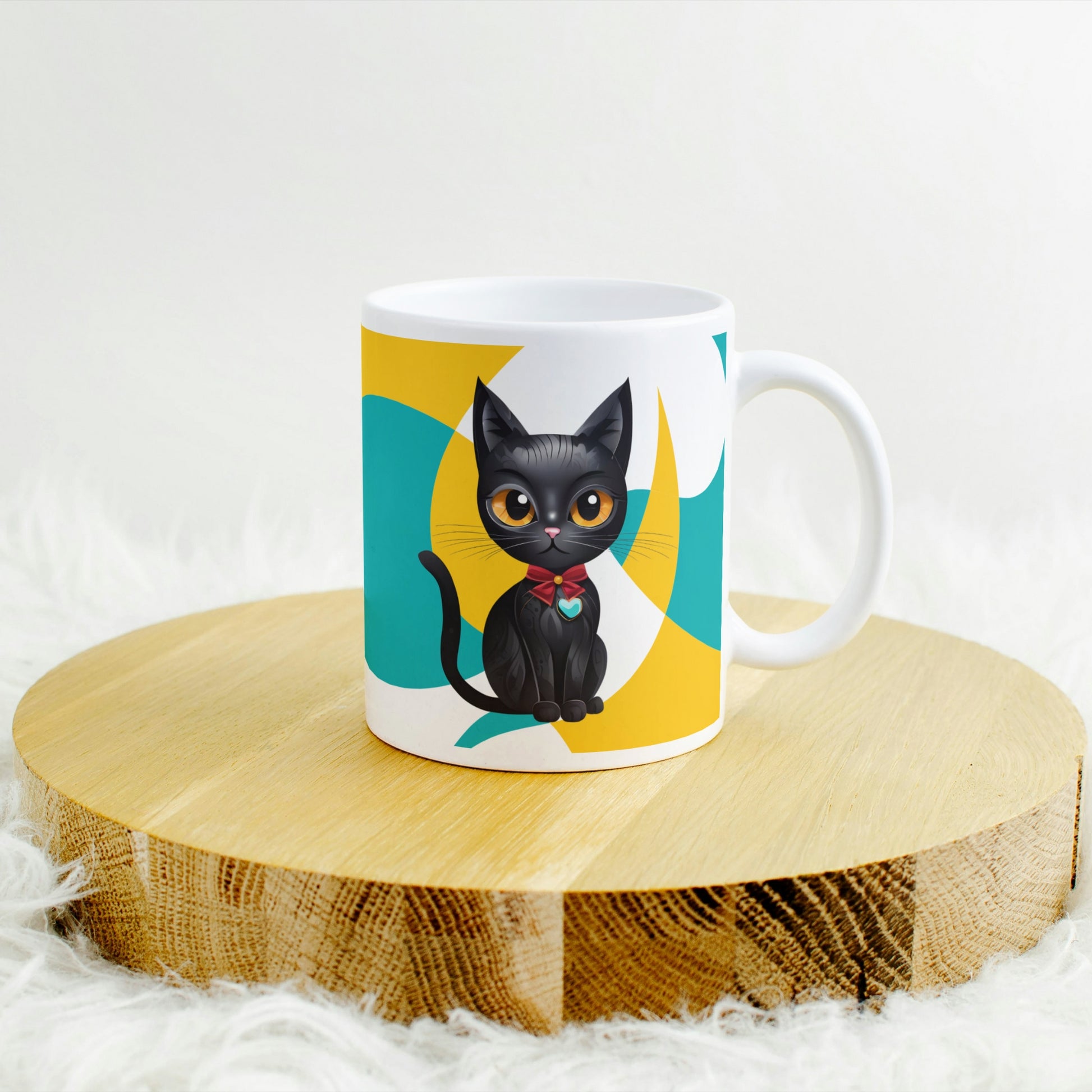 Glossy white ceramic mug featuring a sleek black cat on a vibrant, artistic background, placed elegantly on a modern table.