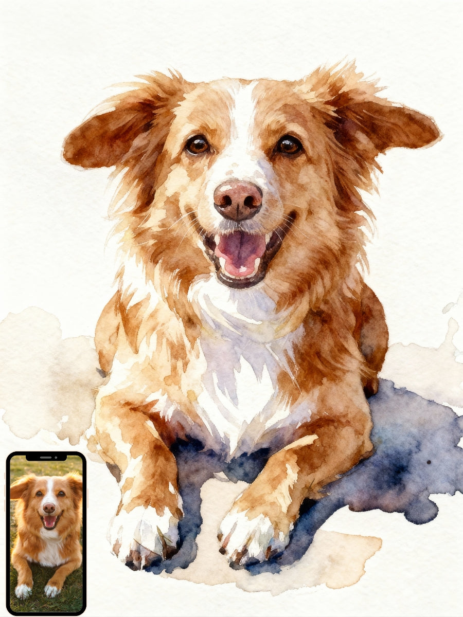 Watercolor portrait of a brown dog in a plain background.
