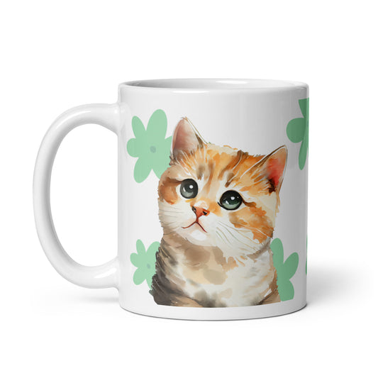 A white glossy ceramic mug featuring an adorable watercolor-style cat illustration and a charming clover pattern design, radiating artistic elegance.