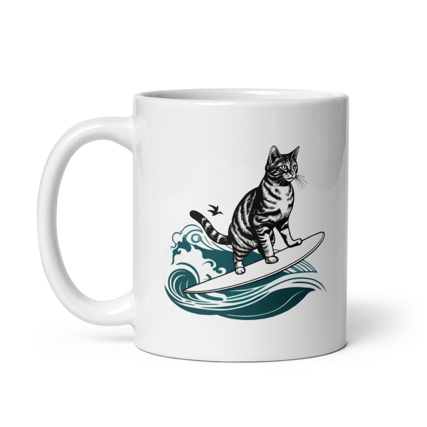 Meotastic Surfing Cat White Glossy Mug