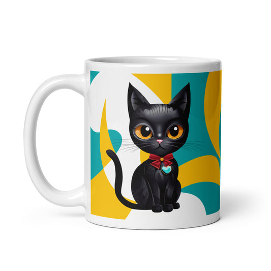 Glossy white ceramic mug showcasing a sleek black cat against a vibrant, artistically designed background.