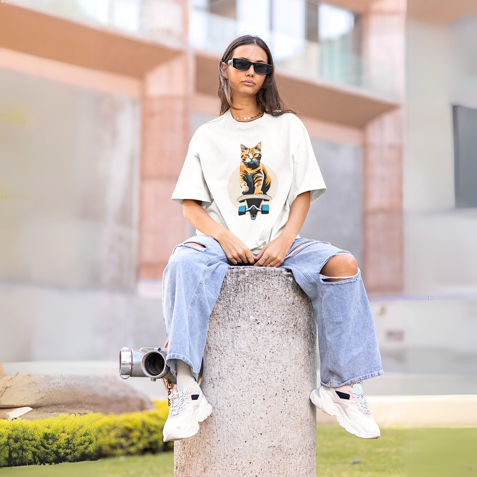 Young woman wearing a white T-Young woman wearing a white cool t-shirt featuring a playful skateboarding cat design. A stylish and fun shirt for cat lovers!