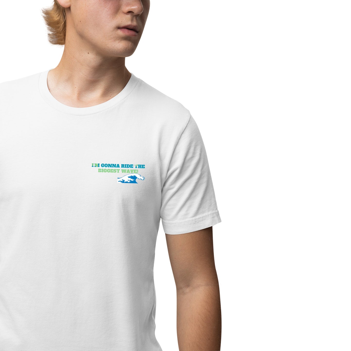A young man wearing a cat funny t-shirt – a white cotton tee featuring a playful design with the text: 'I'm gonna ride the biggest wave.' Perfect for cat lovers and fans of cool, humorous fashion.