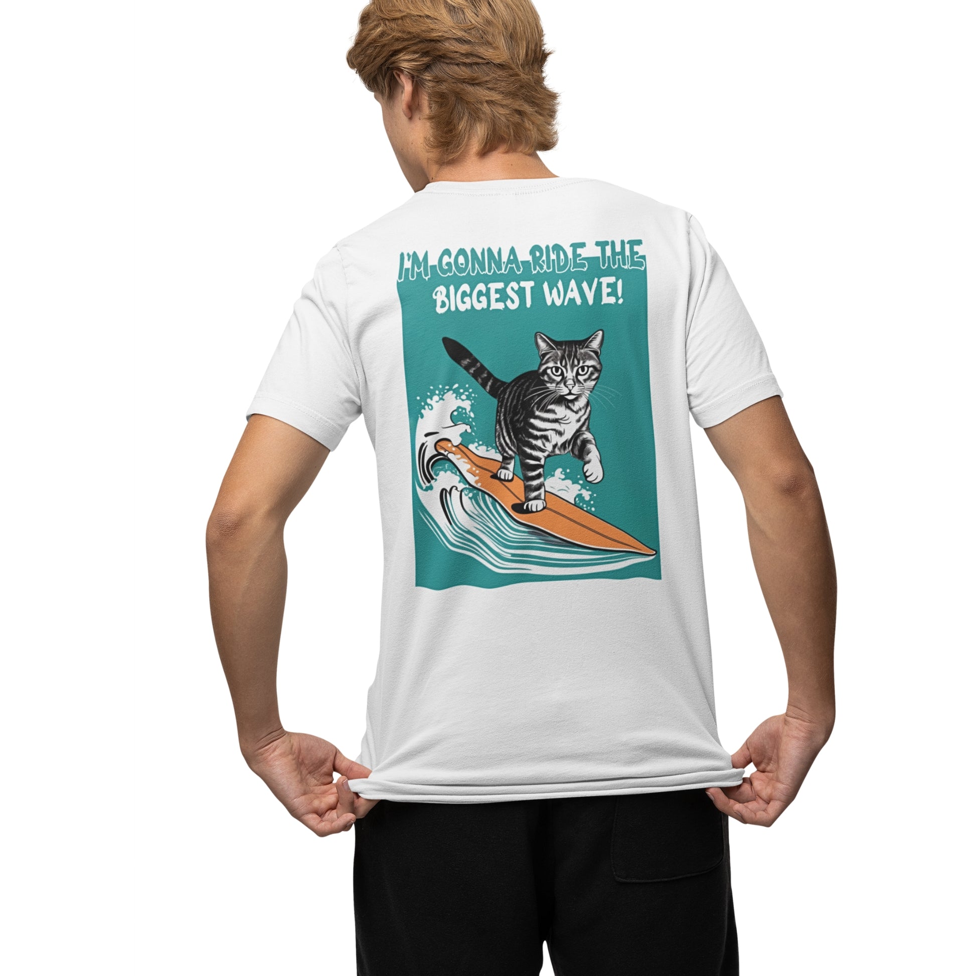 Back view of a young man wearing a cat funny t-shirt – a white cotton tee featuring a playful graphic of a waving cat and the text: 'I'm gonna ride the biggest wave.' A cool and humorous design for cat lovers.