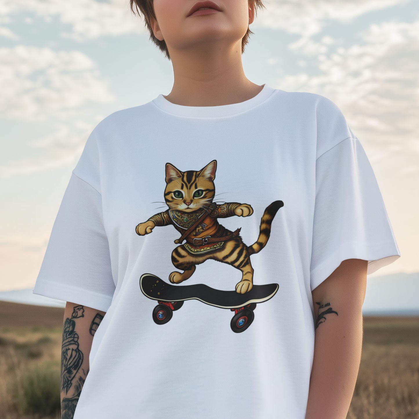 Close up of a young woman wearing a short-sleeve white cotton cool cat shirt featuring an Epic Skater Cat design.