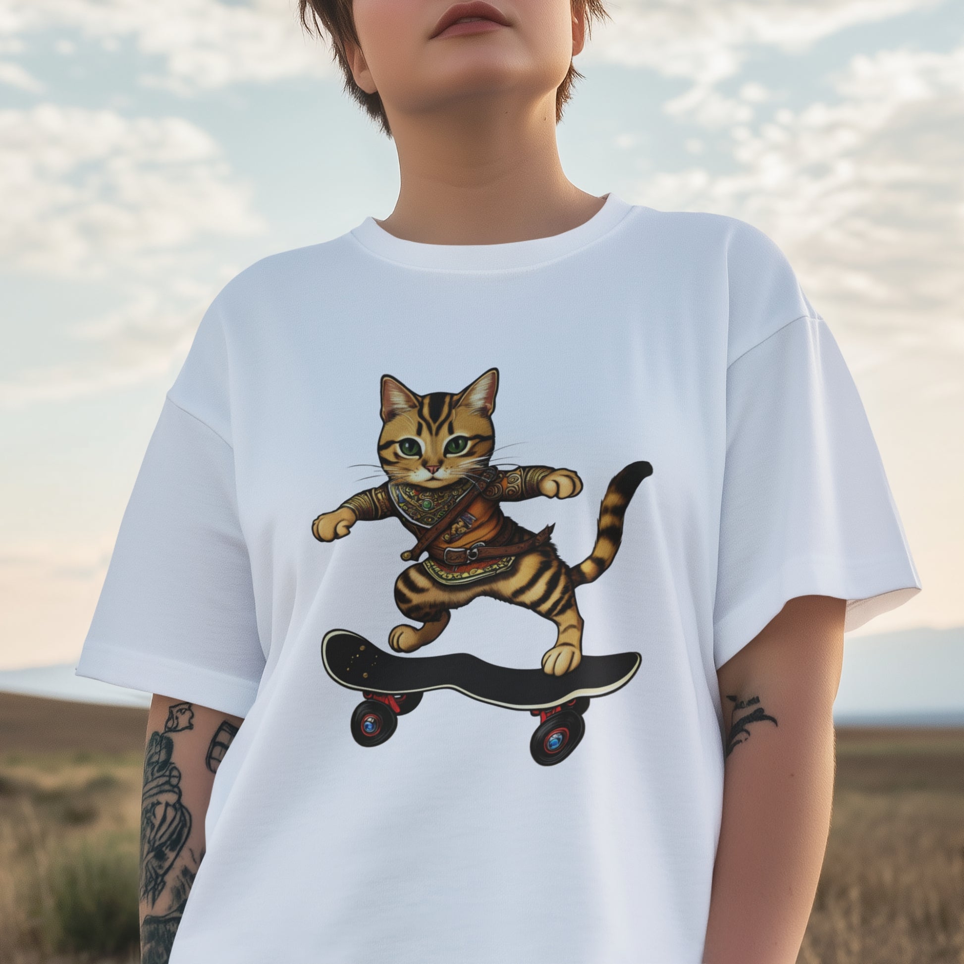 Close up of a young woman wearing a short-sleeve white cotton cool cat shirt featuring an Epic Skater Cat design.
