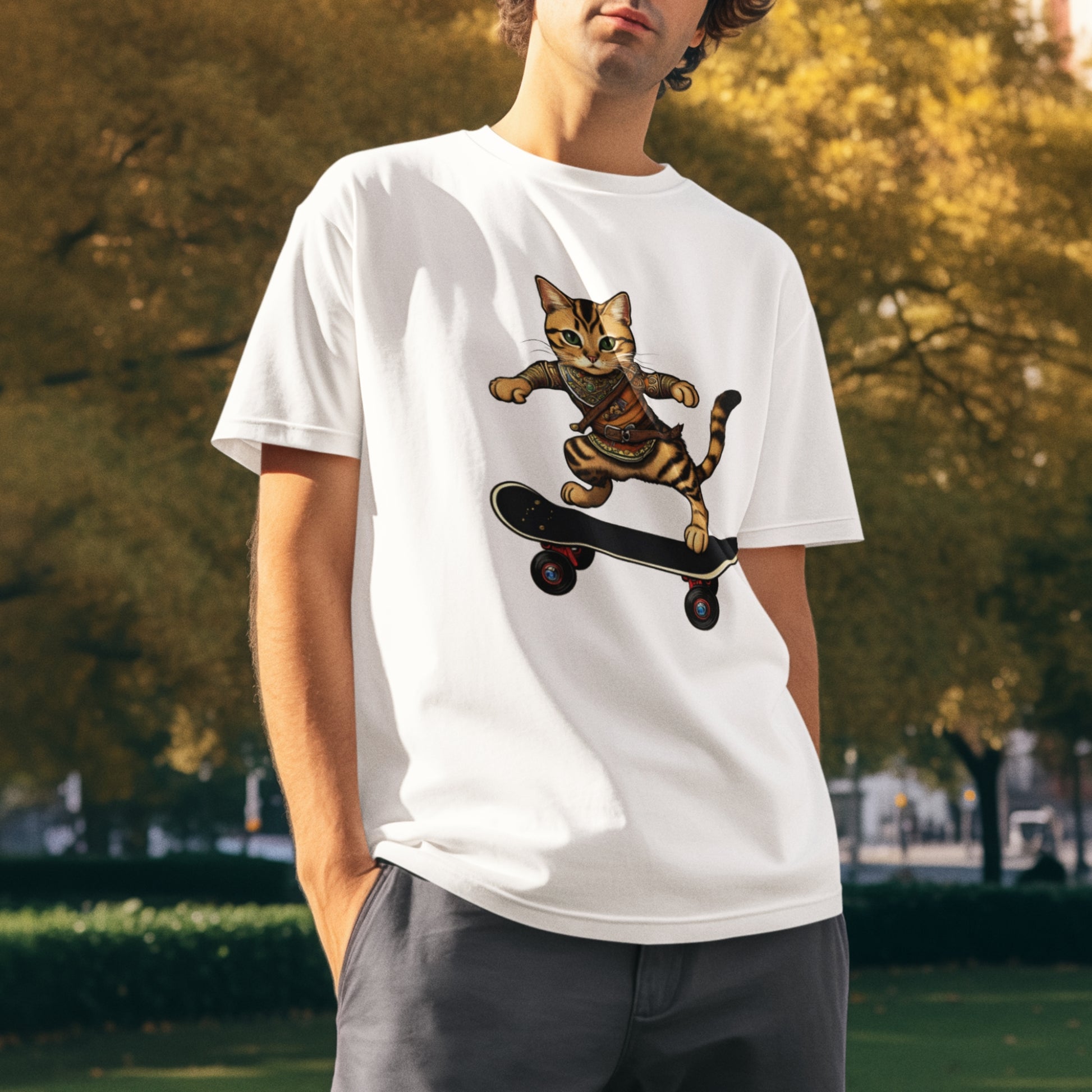 A young man wearing a short-sleeve white cotton cool cat shirt with an Epic Skater Cat design.