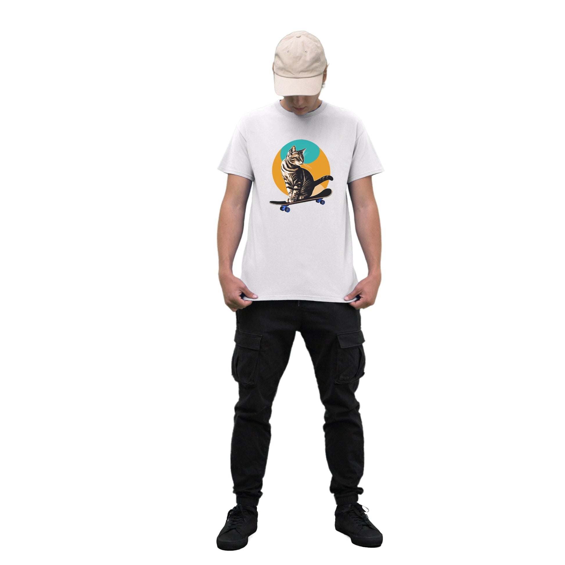 A man wearing a white short-sleeve cool cat shirt featuring a playful skateboarding cat graphic, showcasing a fun and casual style.