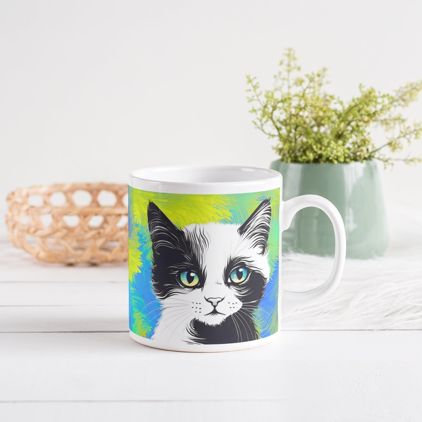 A white glossy ceramic mug featuring a black and white cat against a vibrant, artistic backdrop, beautifully displayed on a table in a modern, cozy living room setting.