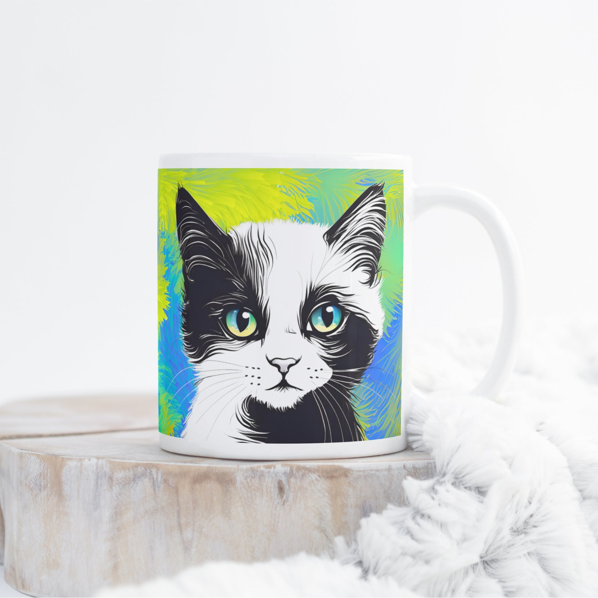 A sleek white ceramic mug with a glossy finish, featuring a black and white cat against a vibrant, artistic backdrop, elegantly placed on a contemporary designer table.