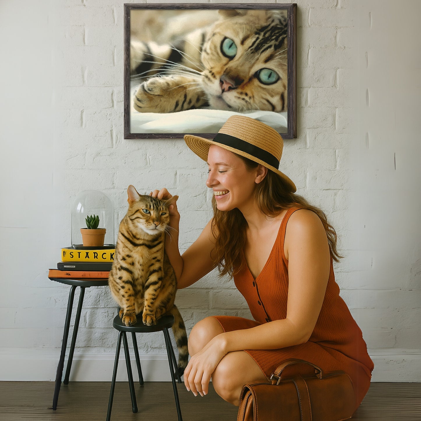 A woman gently touching her cat’s head with warmth, as its oil-painted portrait hangs on the wall behind them.