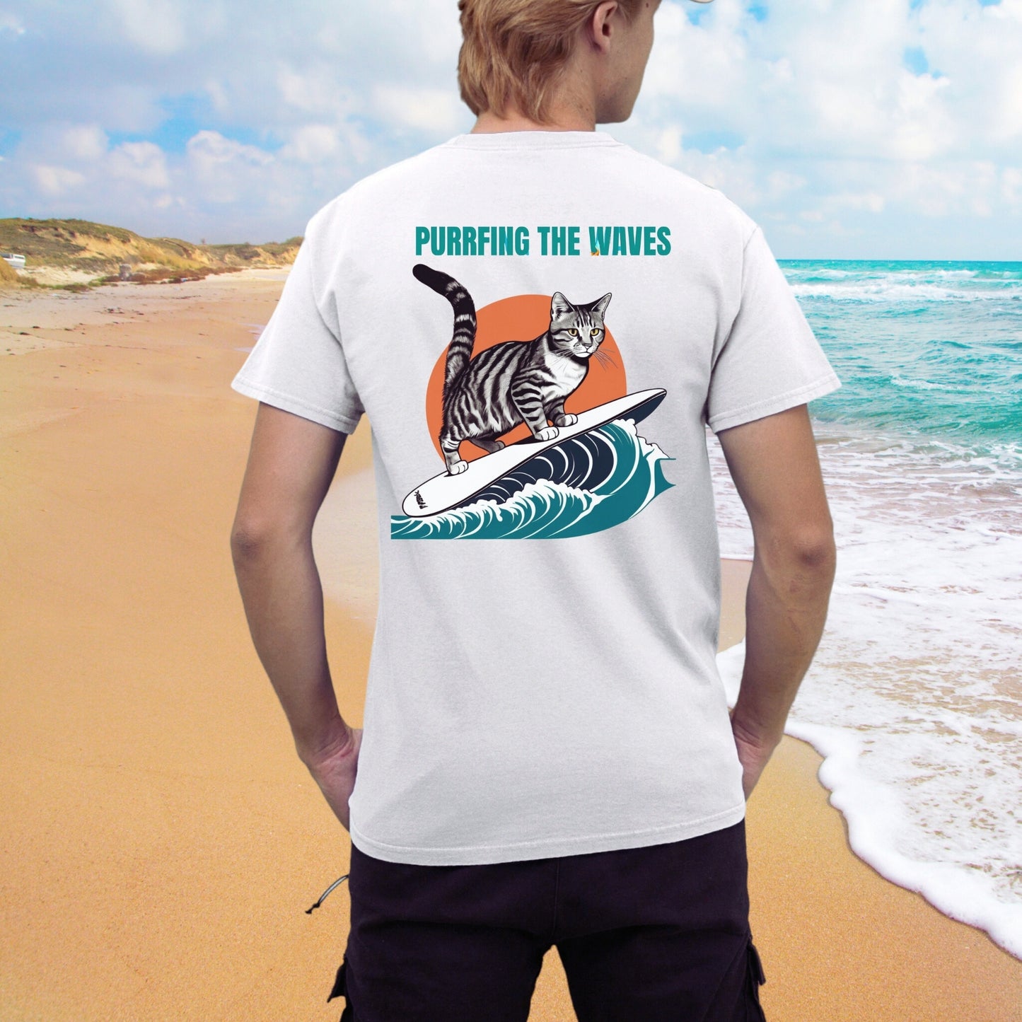 Back view of a young man posing in a Back view of a young man posing in a white funny cat tee shirt, featuring a playful surfing cat design and the text: 'Purrfing the Waves' printed on it. A cool and humorous design for cat lovers!